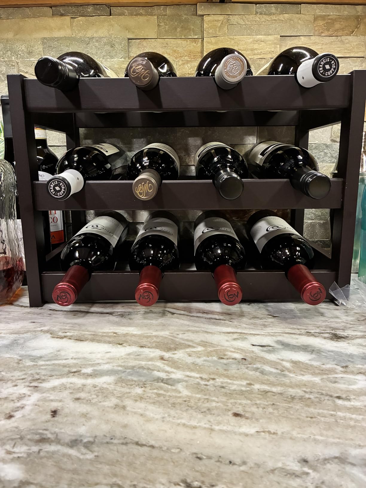 VASMIA Bamboo Wine Rack, Sturdy and Durable Wine Storage Cabinet Shelf, Wine Racks Countertop for Pantry,Kitchen,3-Tier 12 Bottles Wine Rack Black customer photo 1