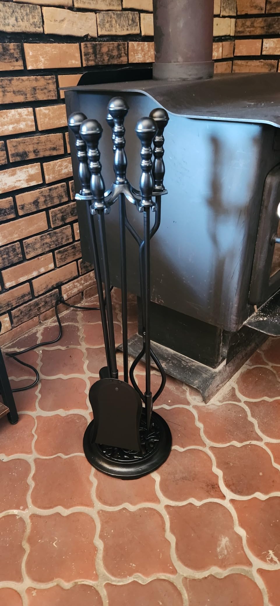 5 Pieces Fireplace Tools Sets Wrought Iron Firewood Kit with Handle Durable Tool Set and Holder for Fire Pit Stand Indoor Tong Shovel Poker Brush Firewood Accessories (Black) customer photo 2