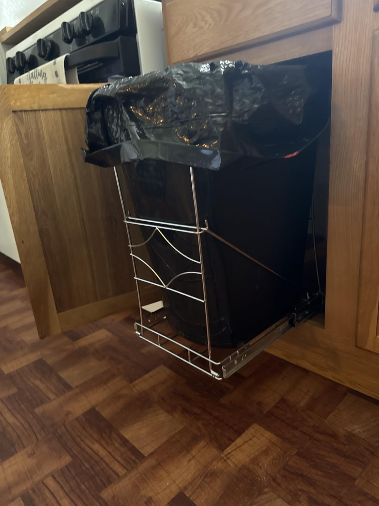 Youeon Pull Out Trash Can Under Cabinet, Adjustable Stainless Steel Under Sink Trash Can Pull Out, Slide Out Garbage Shelf, Fit for 7-11 Gallon Trash Can(Not Included) customer photo 2