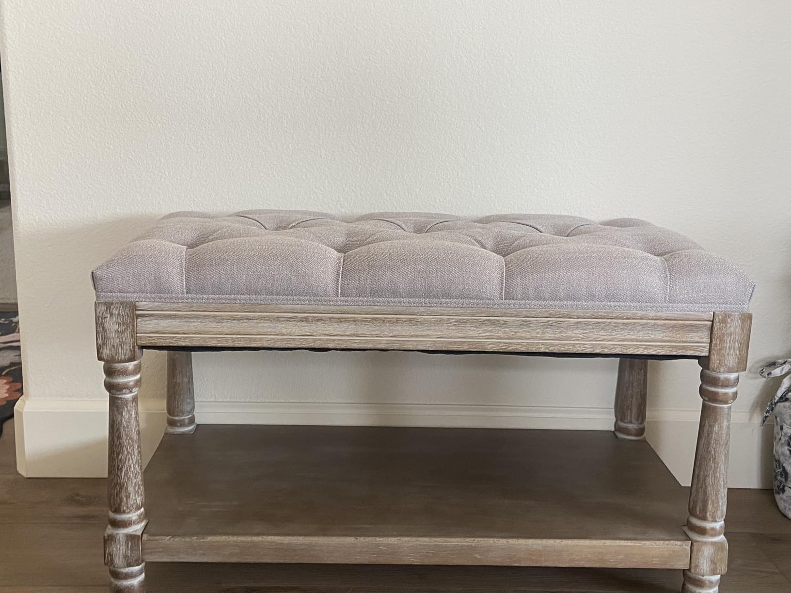 Farmhouse Storage Bench Wooden Entryway Linen Upholstered Ottoman Button Tufted Bench for Bedroom End of Bed Hallway Organizer, Beige, 32 Inch customer photo 1