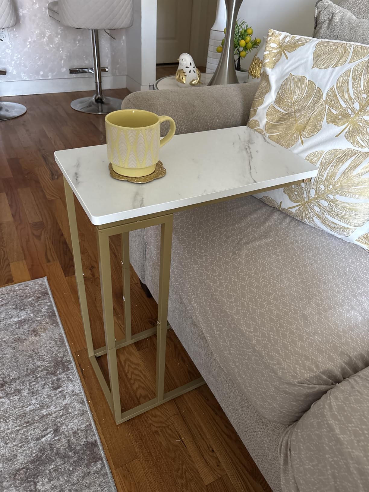 Yusong C Shaped End Table, Couch Side Table that Slide Under Sofa Bed, Small Table for Small Spaces, Skinny Overbed Table for Coffee Drink Snack, Living Room, Gold and White Marbled Wooden Top customer photo 1