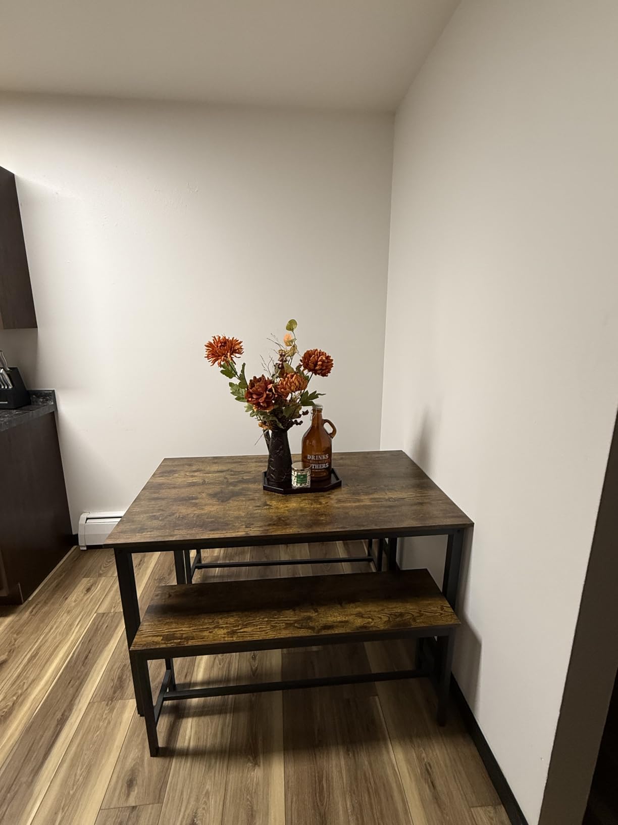 Dining Room Table Set with 2 Benches, Farmhouse Dining Table Set for 4, Wood Breakfast Dinner Table Set for Breakfast Nook Small Spaces, Beige customer photo 1