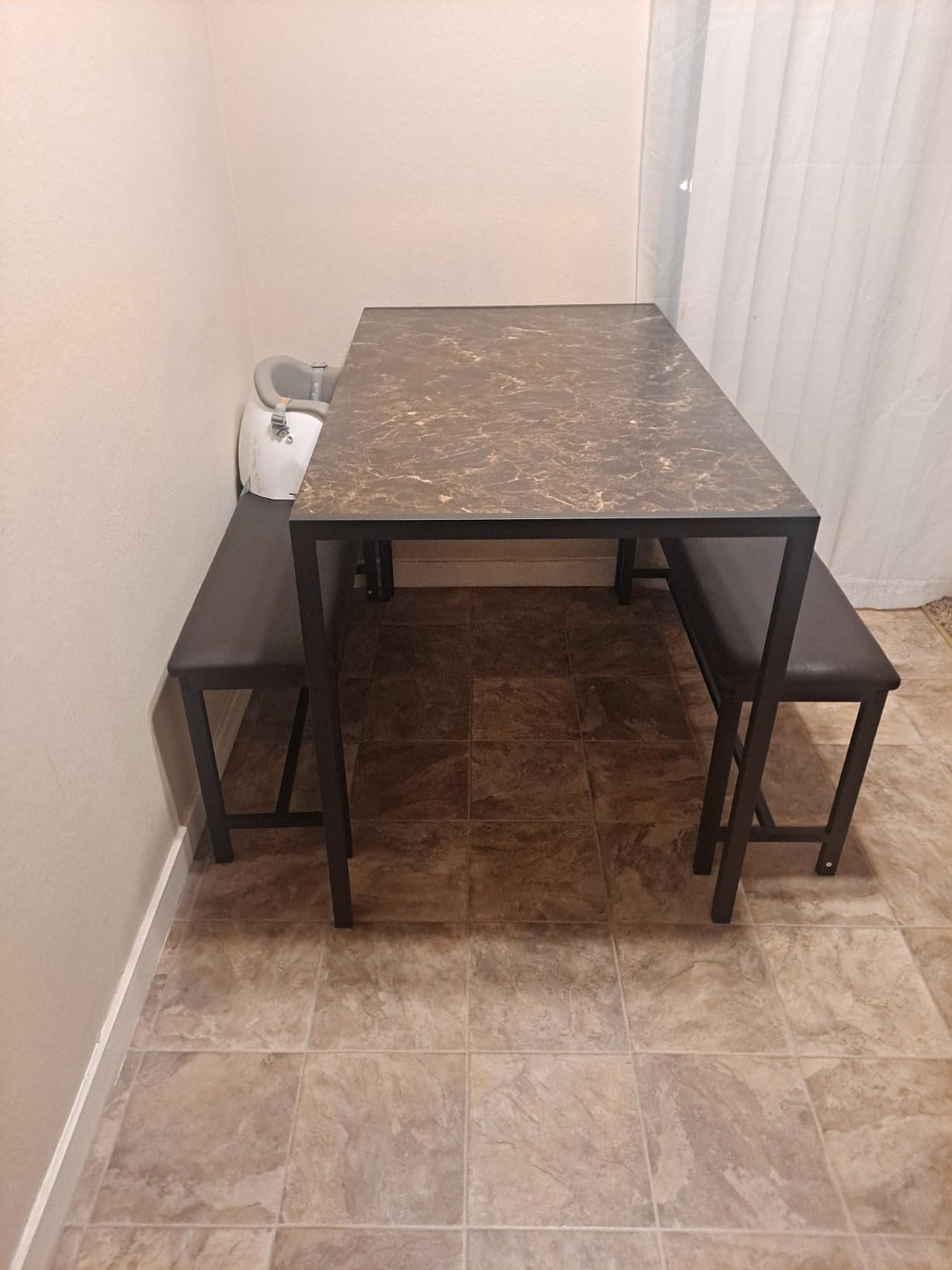 Dining Room Table Set with 2 Benches, Farmhouse Dining Table Set for 4, Wood Breakfast Dinner Table Set for Breakfast Nook Small Spaces, Beige customer photo 2