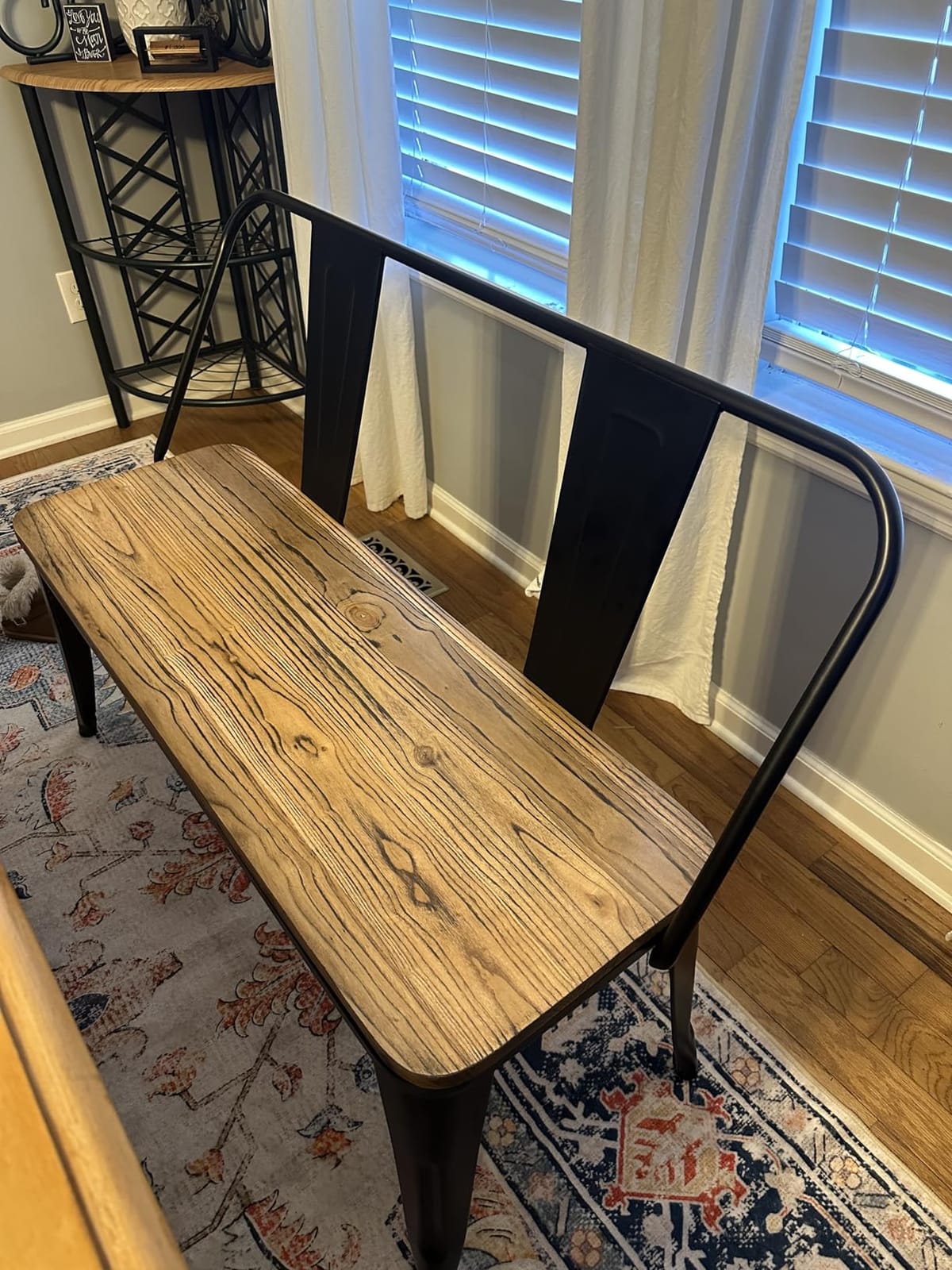 YOLENY Dining Bench, Farmhouse Metal Entryway Chair with Back, Industrial Mid-Century 3 Person Rustic Spindle Bench, with Wood Seat, Removable Backrest, 42in, White customer photo 2