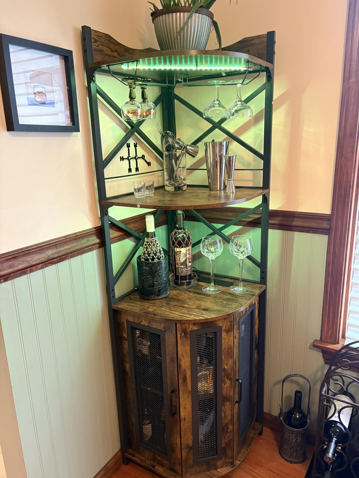 Aheaplus Corner Bar Cabinet with Power Outlet, Industrial Liquor Cabinet customer photo 1