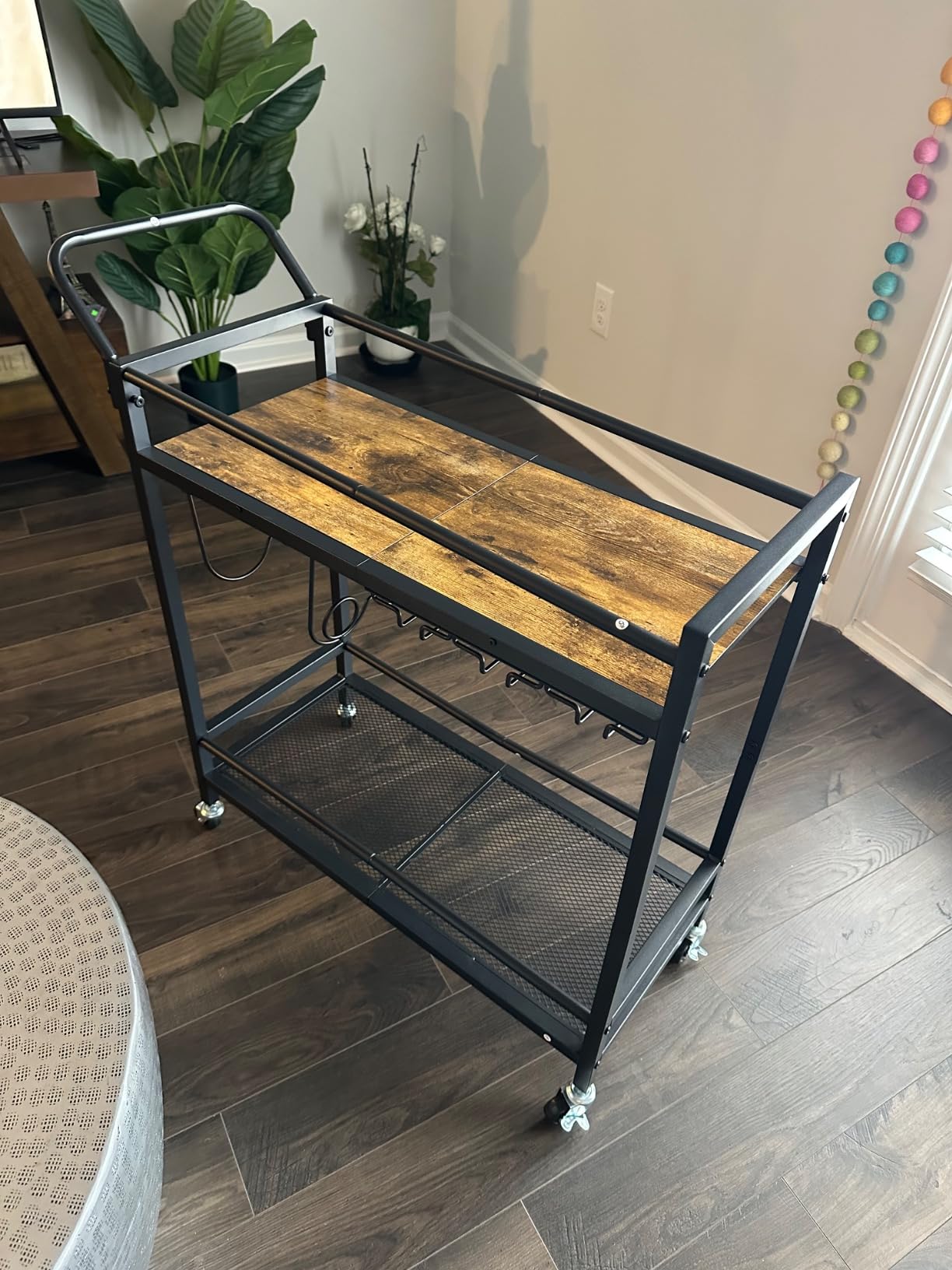 LAATOOREE Bar Cart, Two-Color Home Bar Serving Cart, Mobile Drink Beverage Cart with 2 Storage Shelves, Rolling Kitchen Cart with Wine and Glass Holder, for Dinning Room, Living Room, Kitchen customer photo 1
