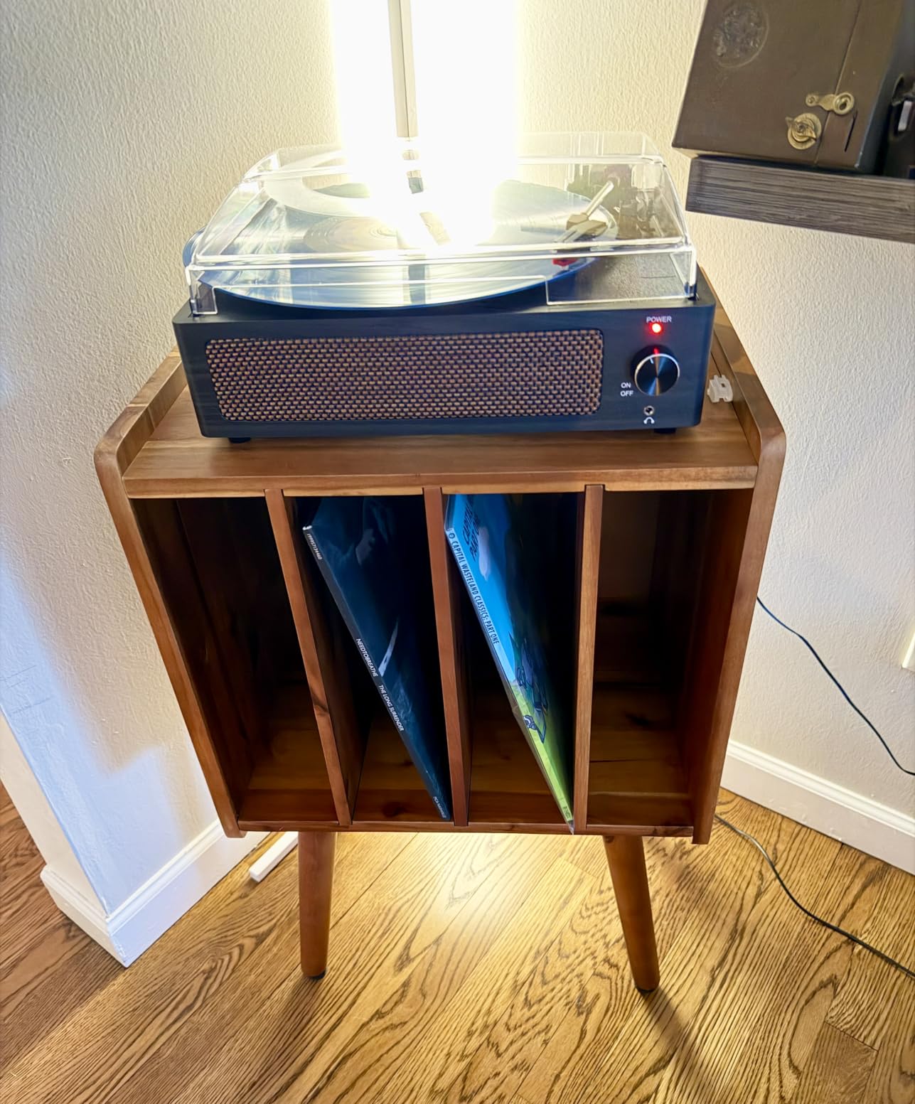 2BHOME Wooden LP Record Player Stand with 4 Cabinets, Holds up to 100 Vinyls, Metal Record Storage Holder and Organizer Table, Classical Design for Files/Book (Mid-Century Modern) customer photo 1