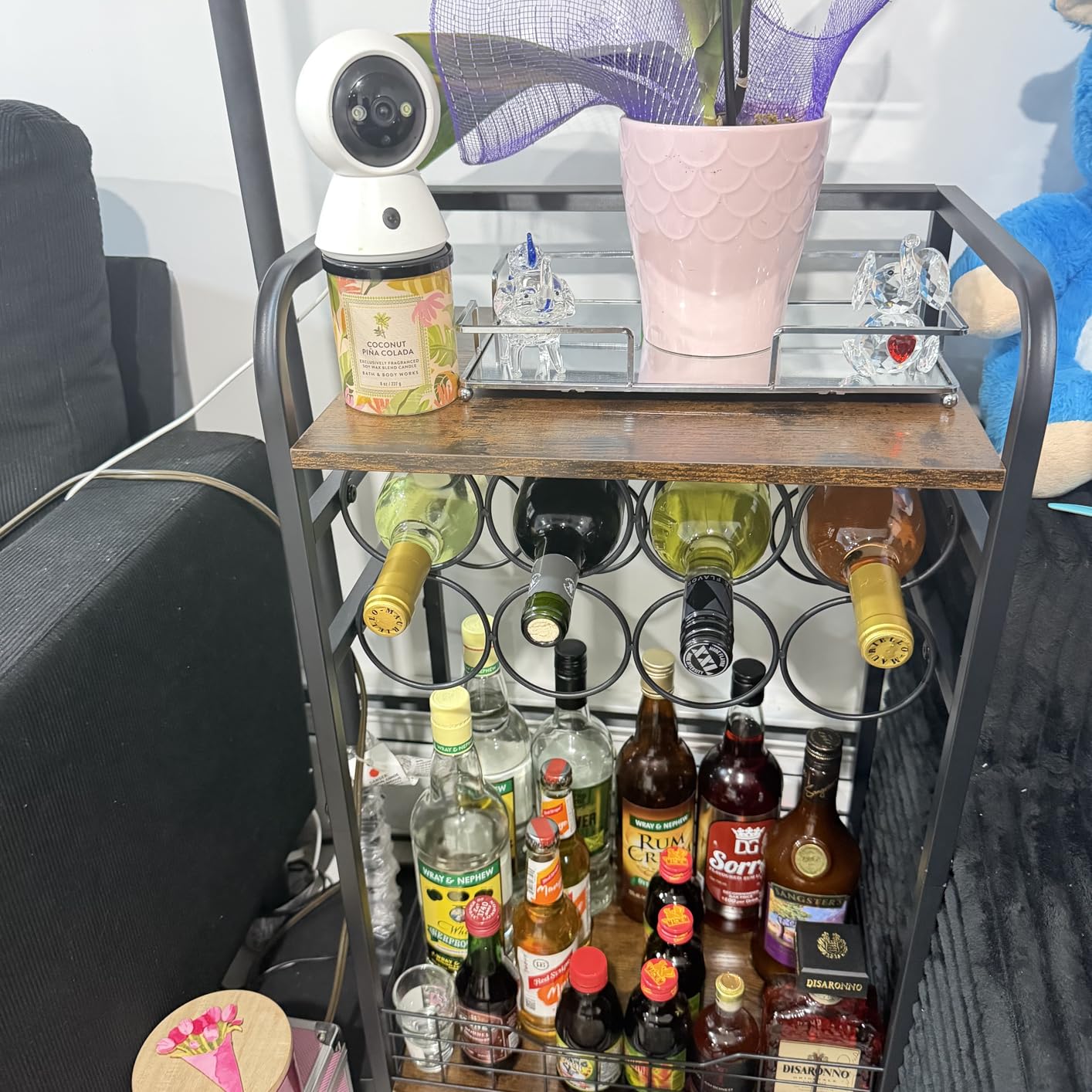 3-Tier Wine Rack Freestanding Floor Cabinet Corner Bar Cabinet Bar Cart,12 Individual Wine Storage Bottle Compartments Corner Bar Cabinet Holder,Wood + Black Frame Liquor Cabinet customer photo 2