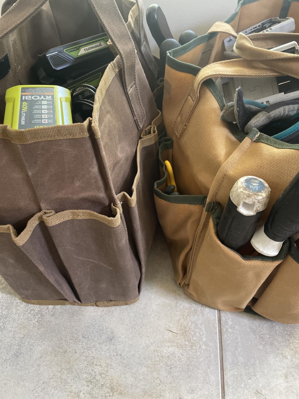 16OZ Waxed Canvas Tool Tote Bag | Large-Capacity Tool Storage Tote with 10 External Pockets | Multi-Purpose Garden Tool Carrier for Gardening, Wrench, and Carpentry Tools – Khaki customer photo 2