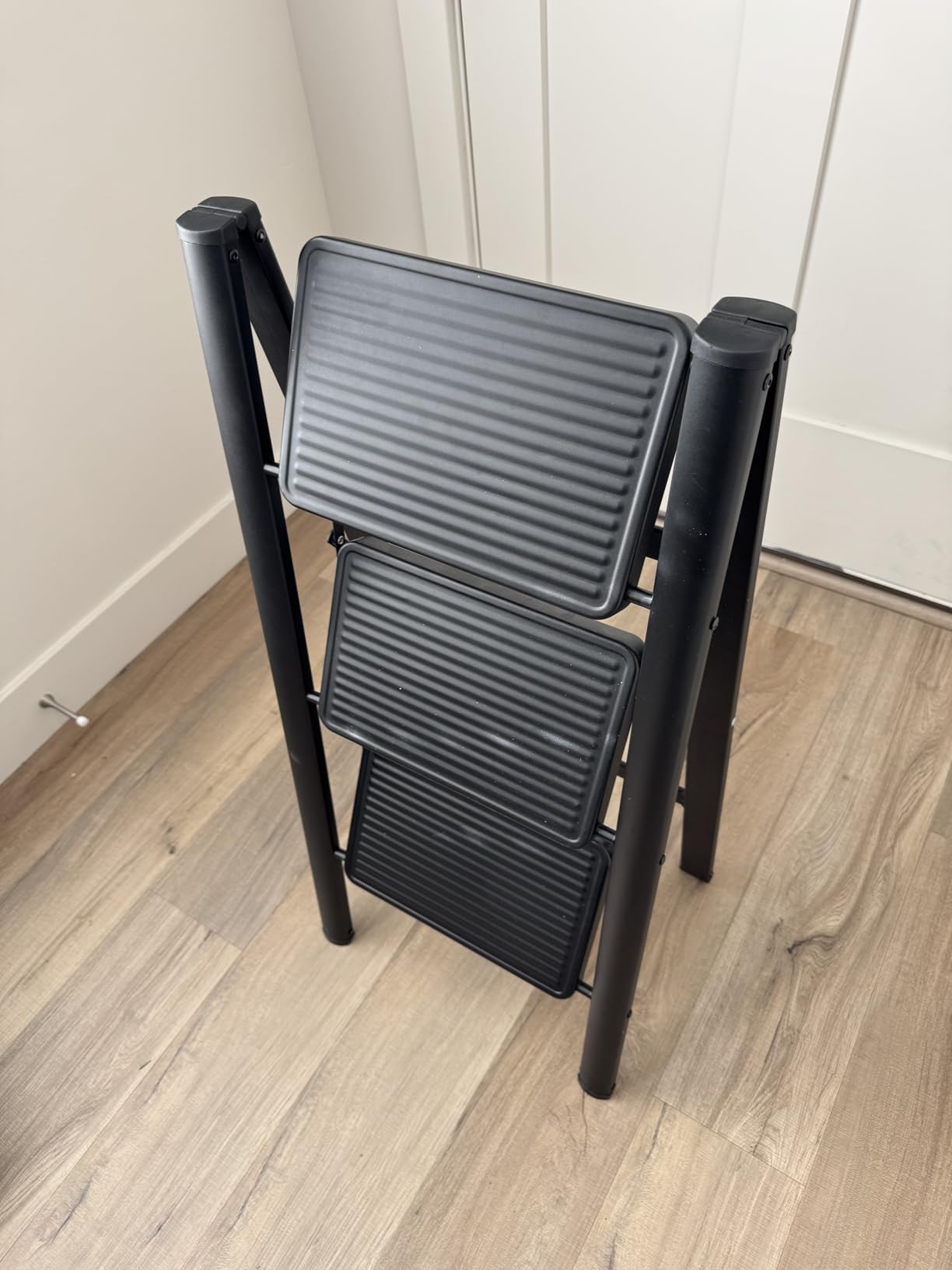 Double Elite Folding 3 Step Ladder, Sturdy Small Step Stool for Adults, Safer Full Steel Multi-use Kitchen Ladder for Home, Closet Step Stool Ladder with Wide Pedals, Black, 3-Step customer photo 2