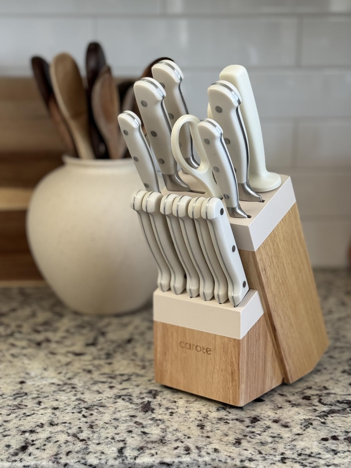 CAROTE 14-Piece Knife Set with Wood Block, Rust-Resistant, Cream customer photo 2