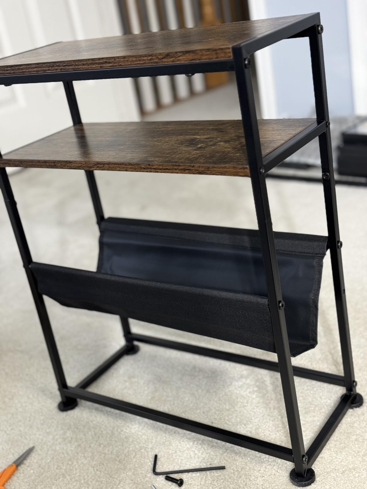 Narrow End Table with Magazine Rack, 2-Tier Slim Side Table for Small Spaces, Industrial Nightstand with Storage Sling for Living Room, Couch and Bedroom, Rustic Brown customer photo 1