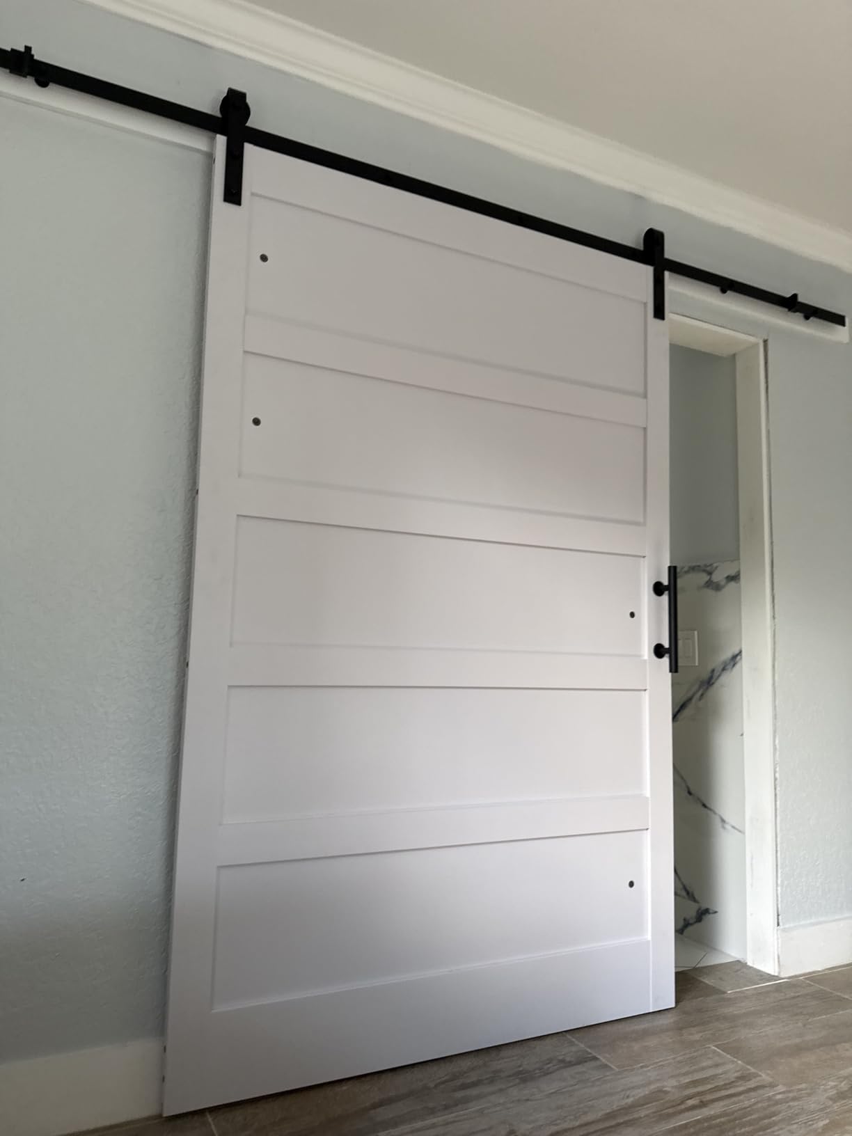 Fredbeck 36x84 inch White Barn Door with 6.6FT Sliding Door Hardware Kit Included & Handle,Solid,MDF,PVC Surface,DIY Assembly,5-Panel,Fit 33in-34in Opening customer photo 1