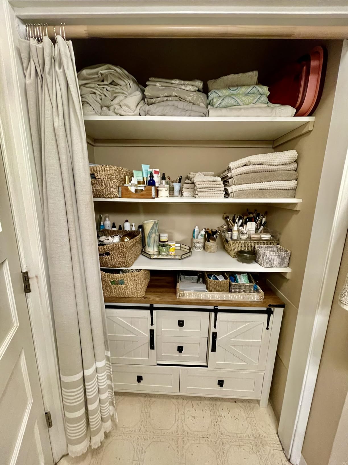 T4TREAM 5 Drawers Dresser with Sliding Barn Doors, Antique White | Farmhouse Modern Dresser, Tall 5 Chest of Drawers, Storage Organizer for Bedroom, Hallway, Living Room customer photo 1