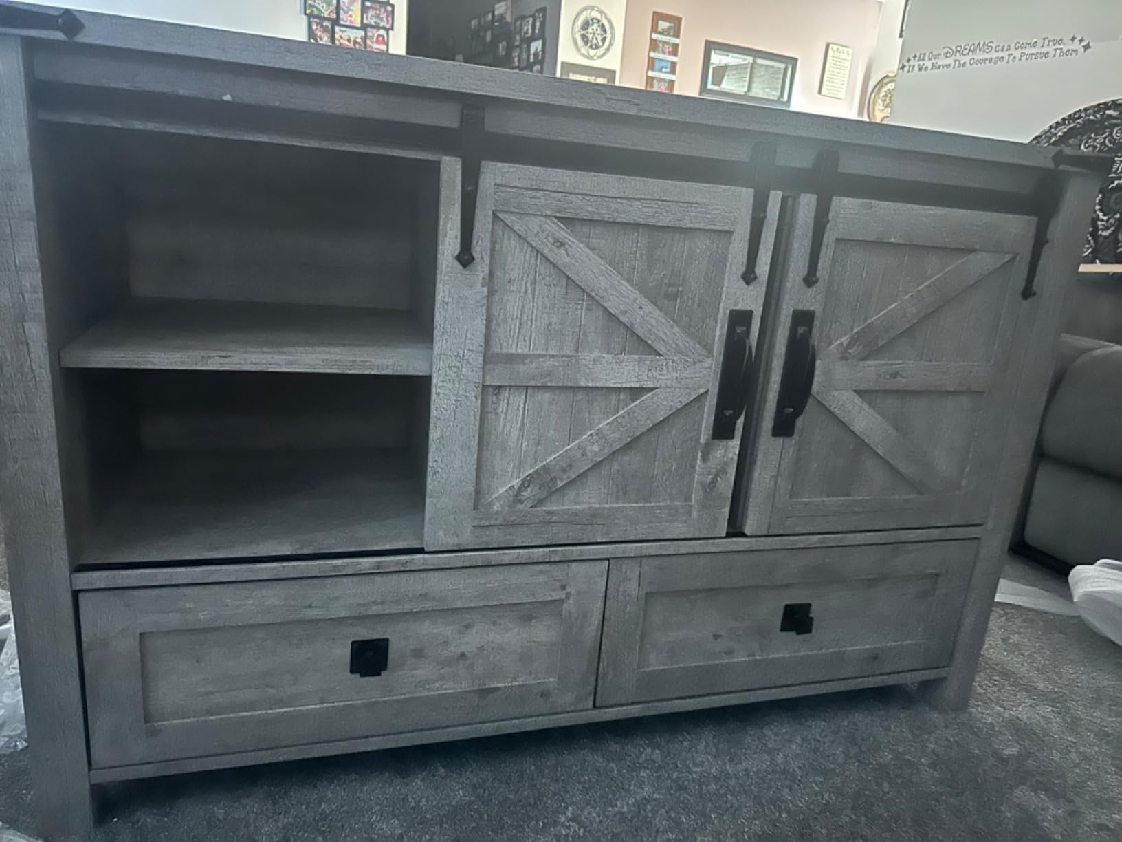 T4TREAM 5 Drawers Dresser with Sliding Barn Doors, Antique White | Farmhouse Modern Dresser, Tall 5 Chest of Drawers, Storage Organizer for Bedroom, Hallway, Living Room customer photo 2
