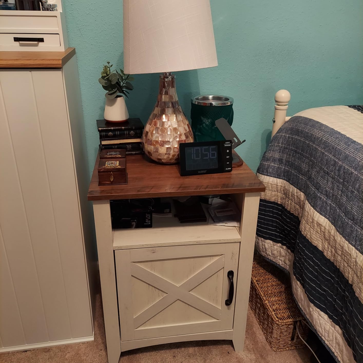 VASAGLE Farmhouse Nightstand with Barn Door, Bedside Table, Set of 2 | Side End Table with Storage, Set of 2, Open Compartment, Rustic White and Honey Brown, LIRY Collection ULET809K41 customer photo 1