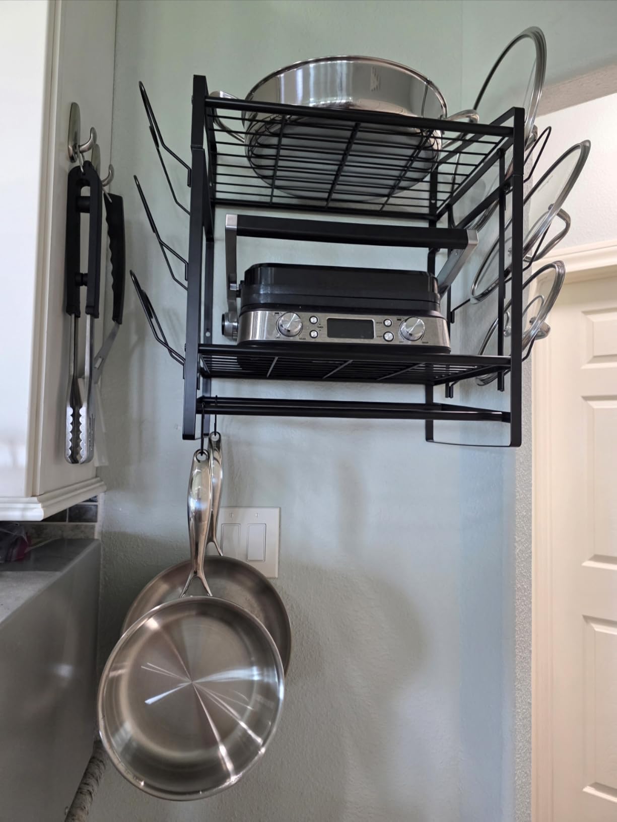 VyGrow 28 Inch Pot Rack Wall Mounted, 2 Tier Pots and Pans Organizer with 20 Hooks and 6 Pot Lid Holders, Heavy Duty Steel Pot and Pan Hanger for Kitchen Cookware Utensils Storage 34.7