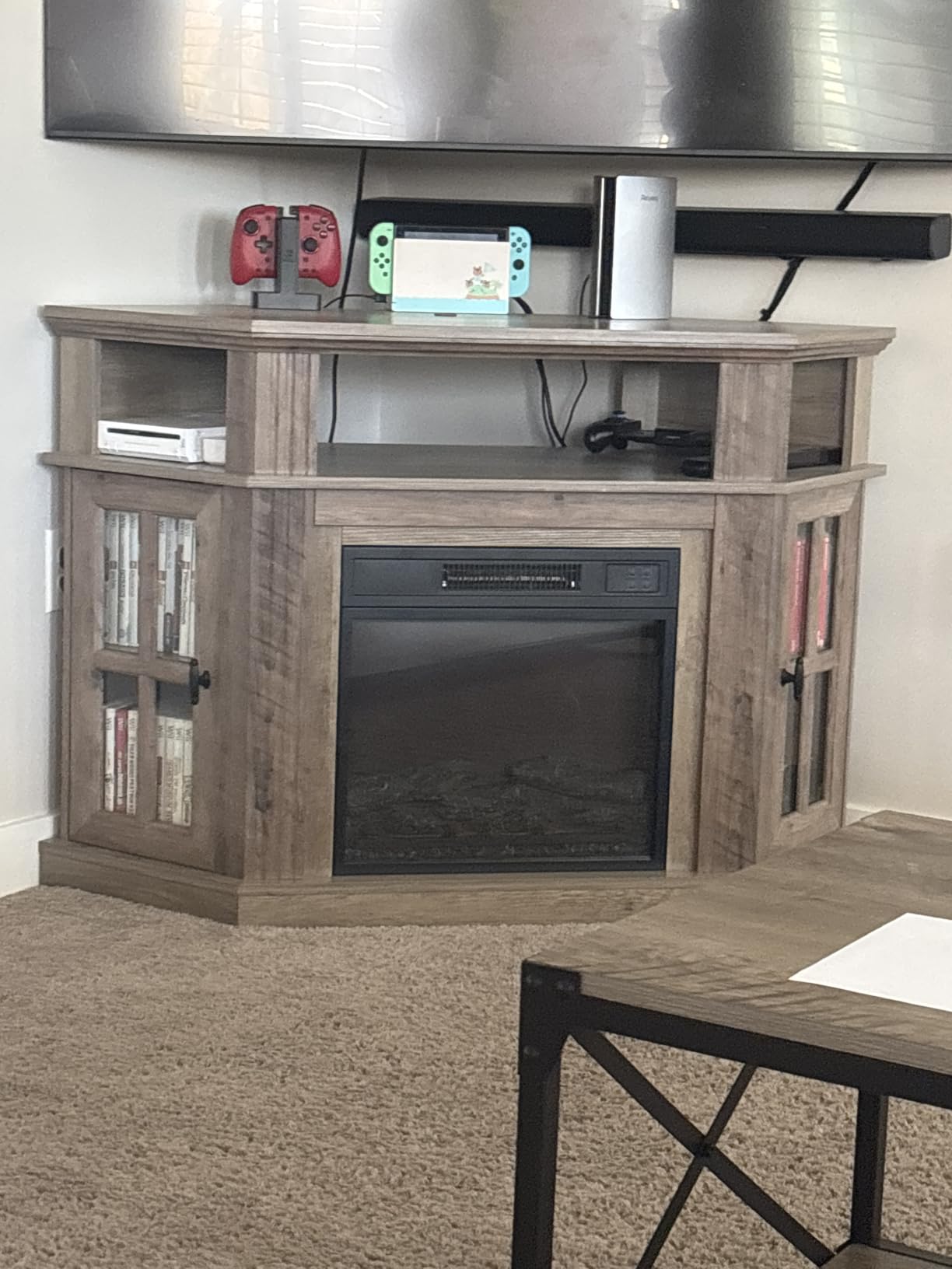 Flamaker Corner Fireplace TV Stand for TVs up to 55 Inch, White | Entertainment Center with 18 Inch Fireplace, Glass-Door Storage Cabinet, Open Shelf, Space-Saving Corner Design customer photo 2