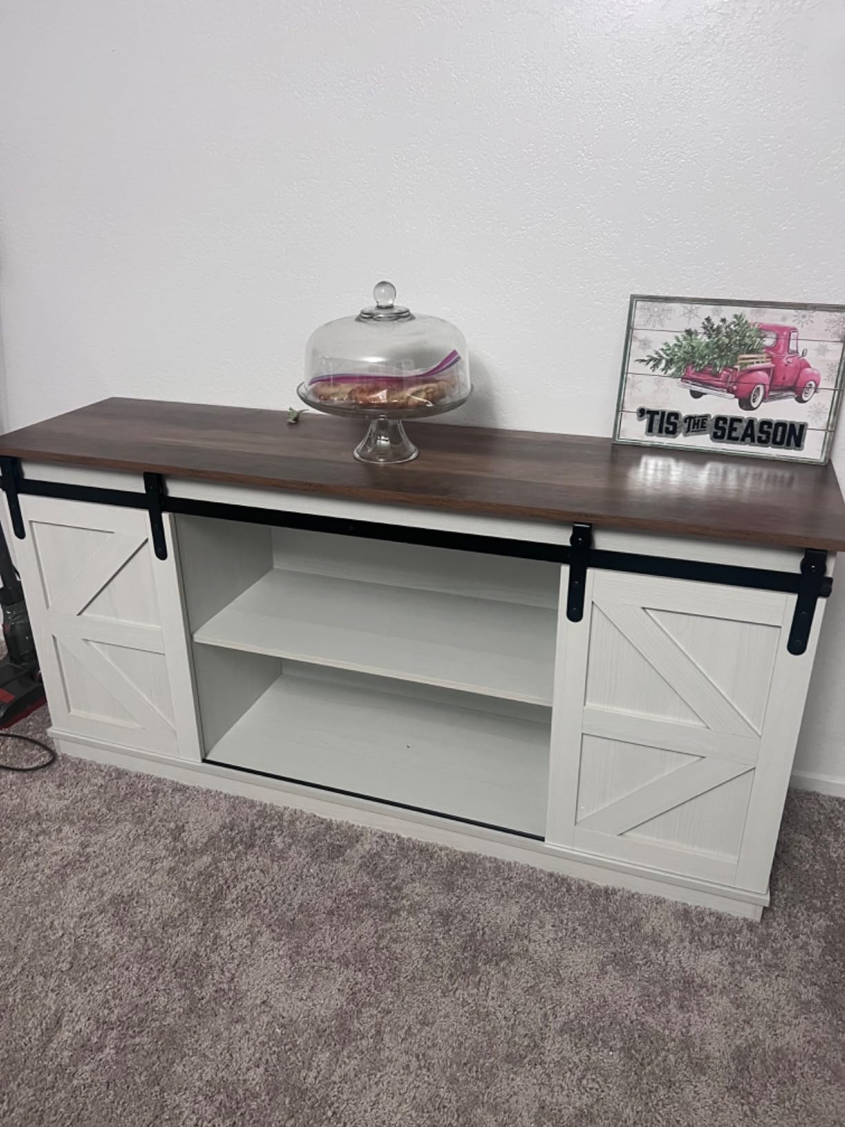 Shahoo Farmhouse Sideboard Buffet Cabinet, Coffee Bar Storage with Sliding Barn Doors, Shelf for Home Dining Room, White customer photo 2