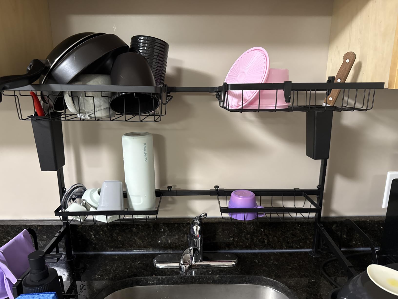 Sakugi Over The Sink Dish Drying Rack - Adjustable 2 Tier Large Capacity Stainless Steel Drainer with Cutlery & Utensil Holders, Kitchen Storage & Organization, 30