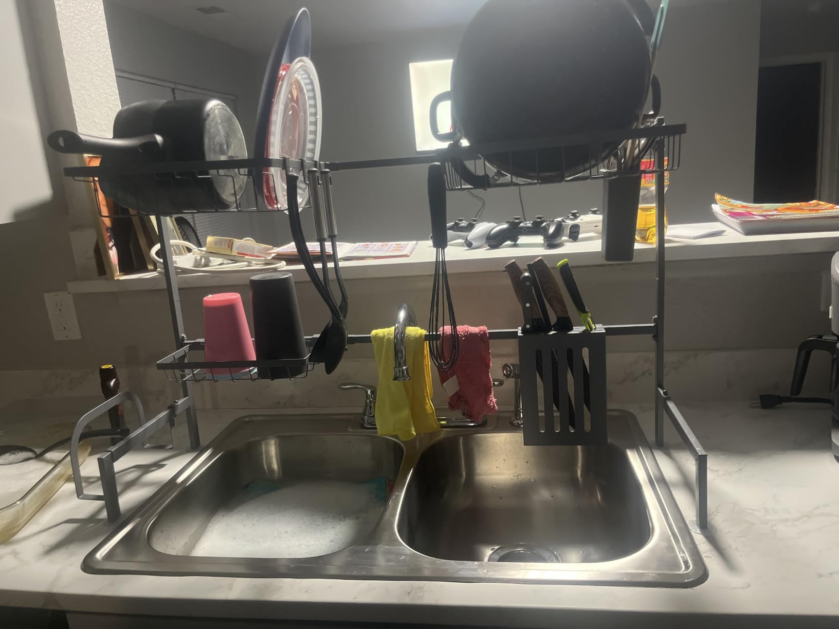 Sakugi Over The Sink Dish Drying Rack - Adjustable 2 Tier Large Capacity Stainless Steel Drainer with Cutlery & Utensil Holders, Kitchen Storage & Organization, 30