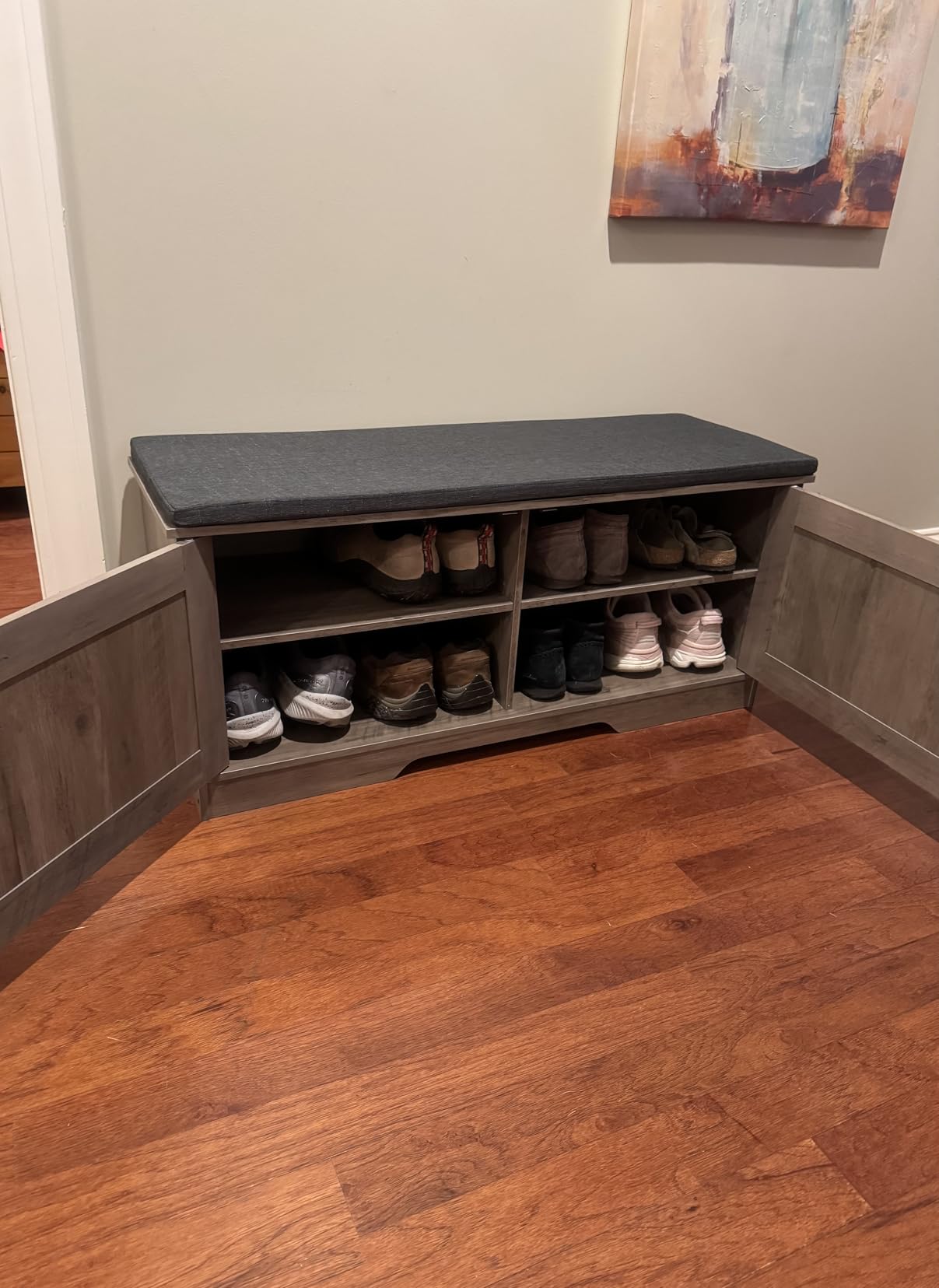 HOMSHO Farmhouse Shoe Storage Bench with 4 Barn Doors & Padded Seat Cushion | 47.2