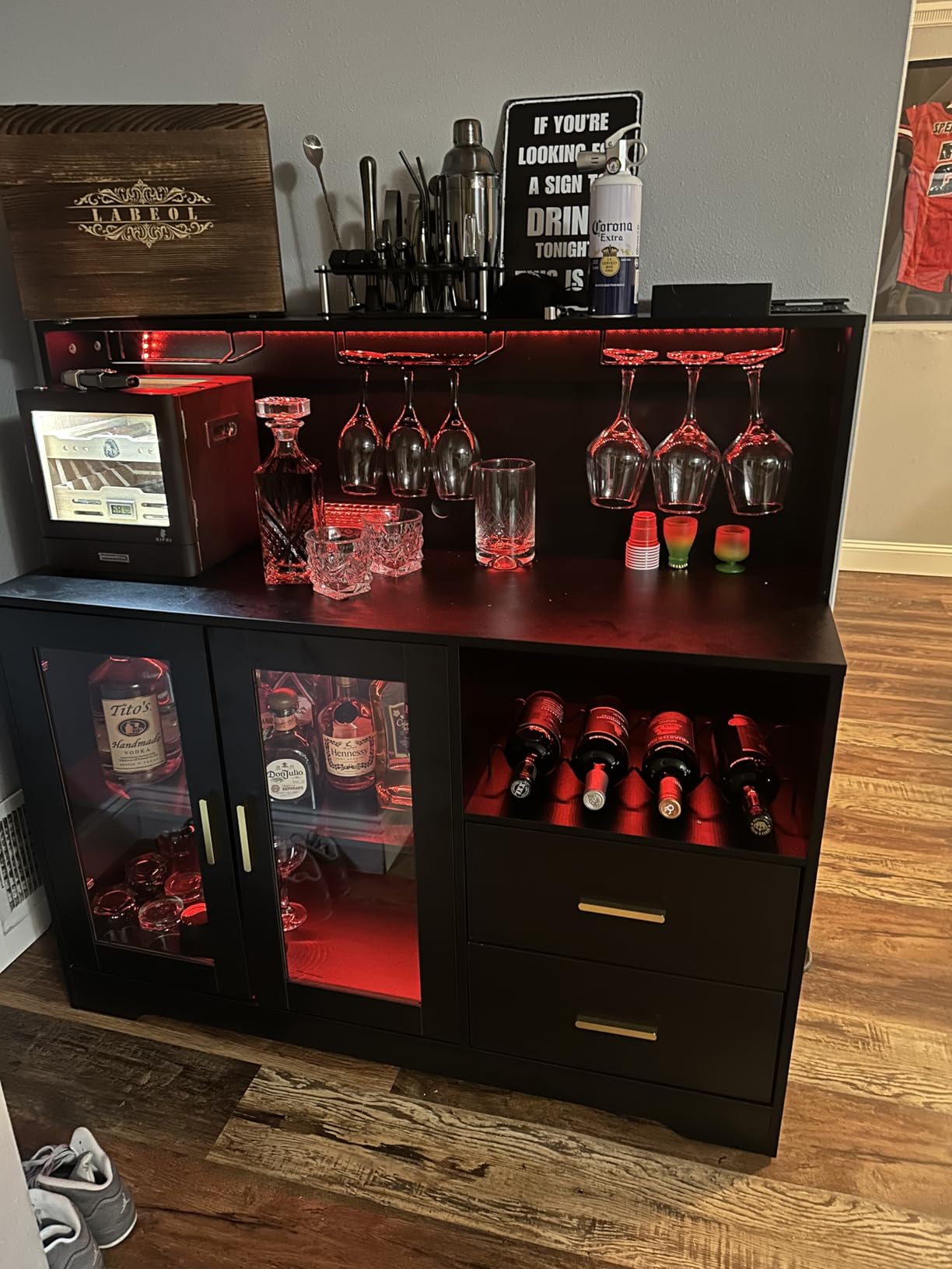 Bar Cabinet for Home with LED Light,Coffee Bar Cabinet w/ Wine & Glass Rack customer photo 1