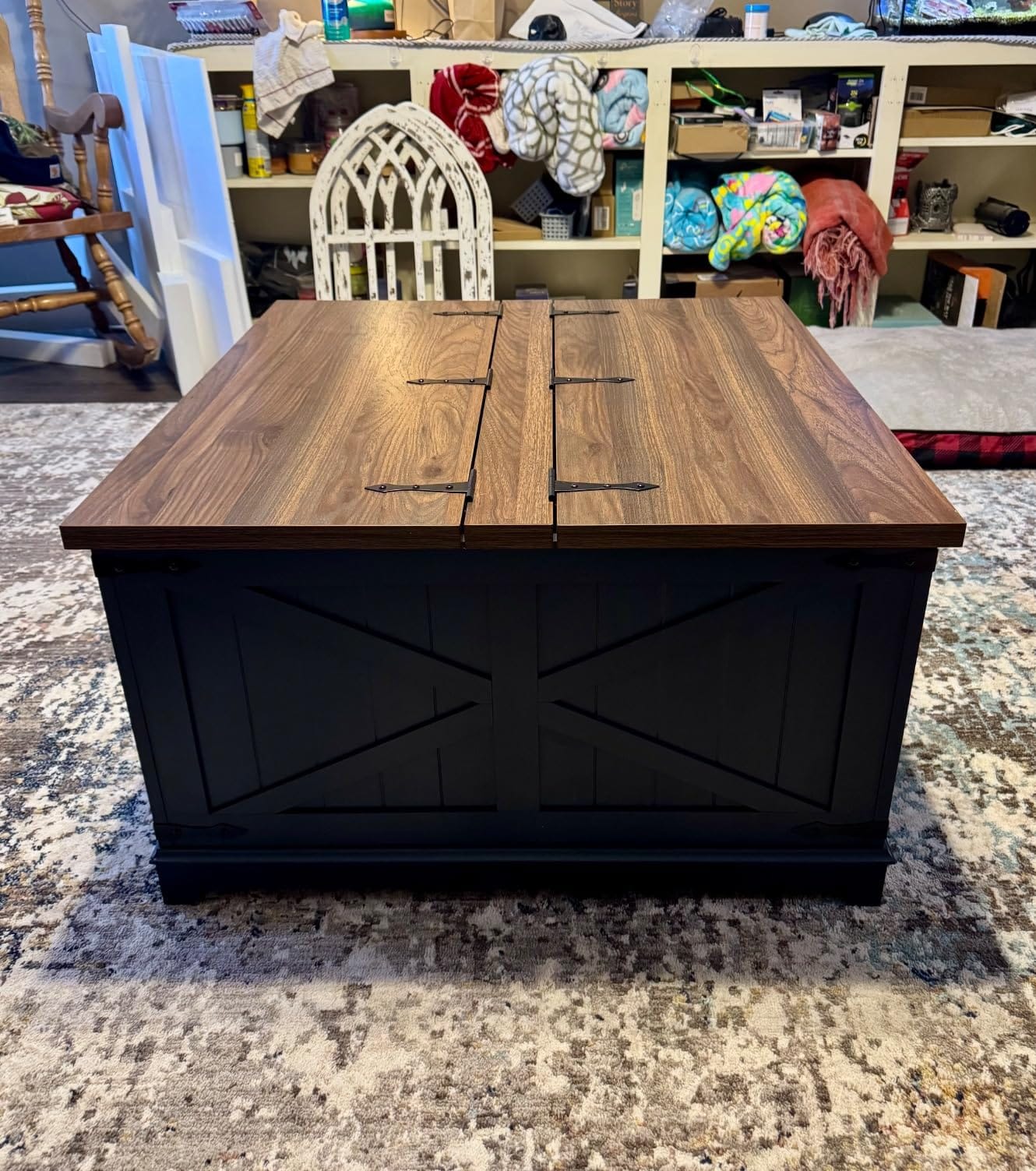 Joaxswe Farmhouse Coffee Table with Hidden Storage Organizer, Modern Square Large Center Table, Wood Farm House Low Navy Blue Living Room Tables with Hinged Lift Top for Home, Office customer photo 2