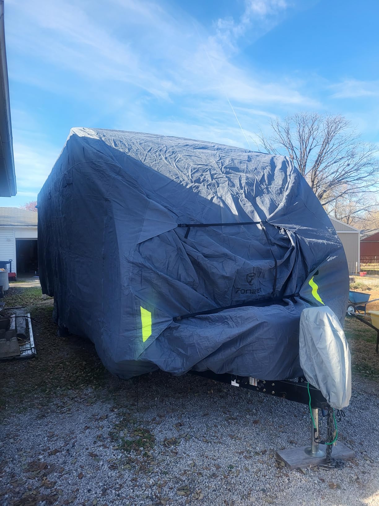Fonzier 5th Wheel RV Cover, 9 Layers Heavy Duty Camper Cover, 34-37FT | 5th Wheel RV Cover, Waterproof Windproof Anti-UV Rip-Stop fifth wheel cover & 10 Straps, 6 Gutter Covers, 4 Tire Covers customer photo 1