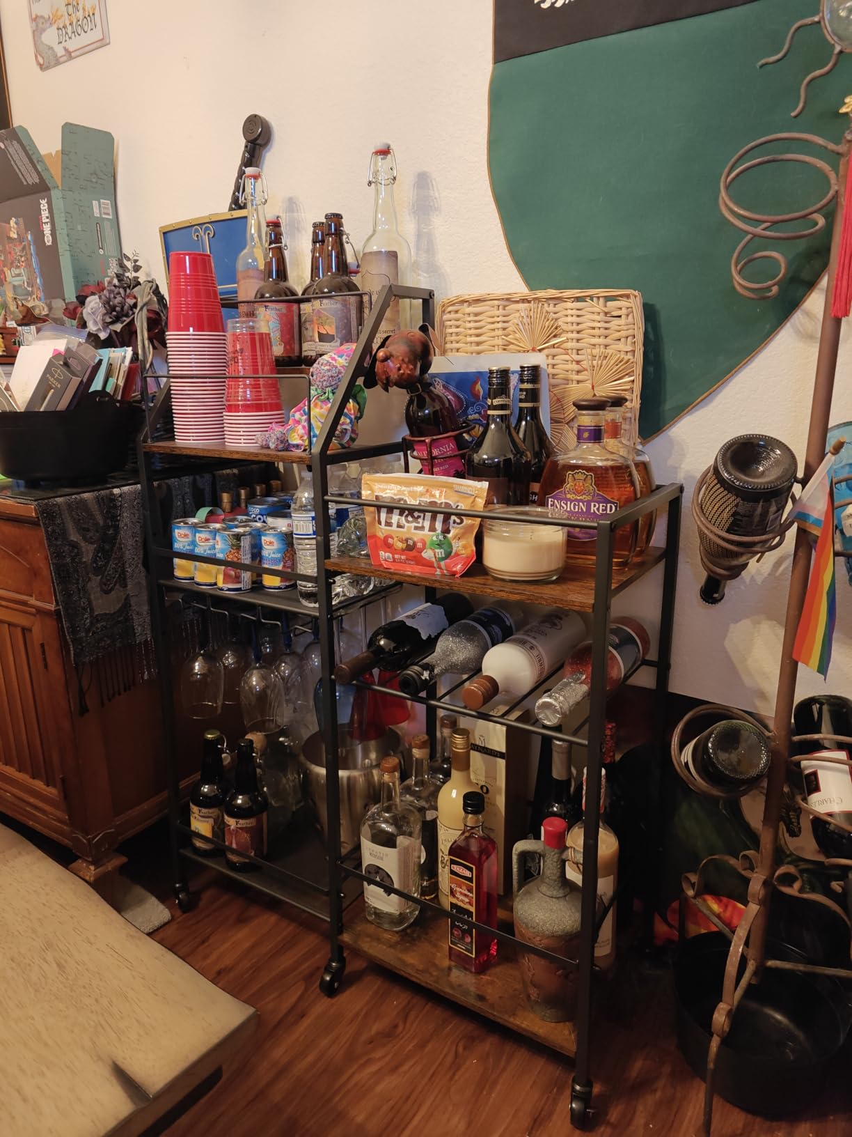 VINAEMO Rolling Bar Cart with Wine Glass Holder, Bar Carts for The Home, Bar Stand for Home, Small Mini Bar for Whiskey Wine, Liquor Cart for Home Bar, Alcohol Cabinet for Bar, Kitchen, Dining Room customer photo 1