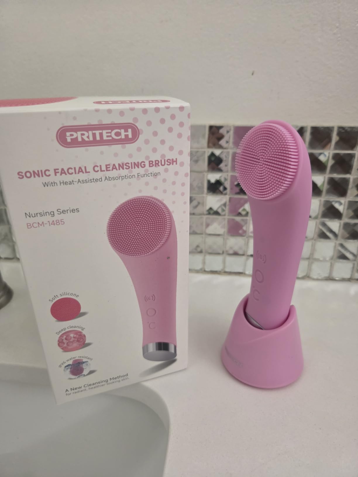 PRITECH Facial Cleansing Brush, Rechargeable Silicone Face Scrubber with Heat Massage End, Vibrating Exfoliator Scrubber for Deep Cleaning, Waterproof Face Brush for Women and Men (Pink) customer photo 2