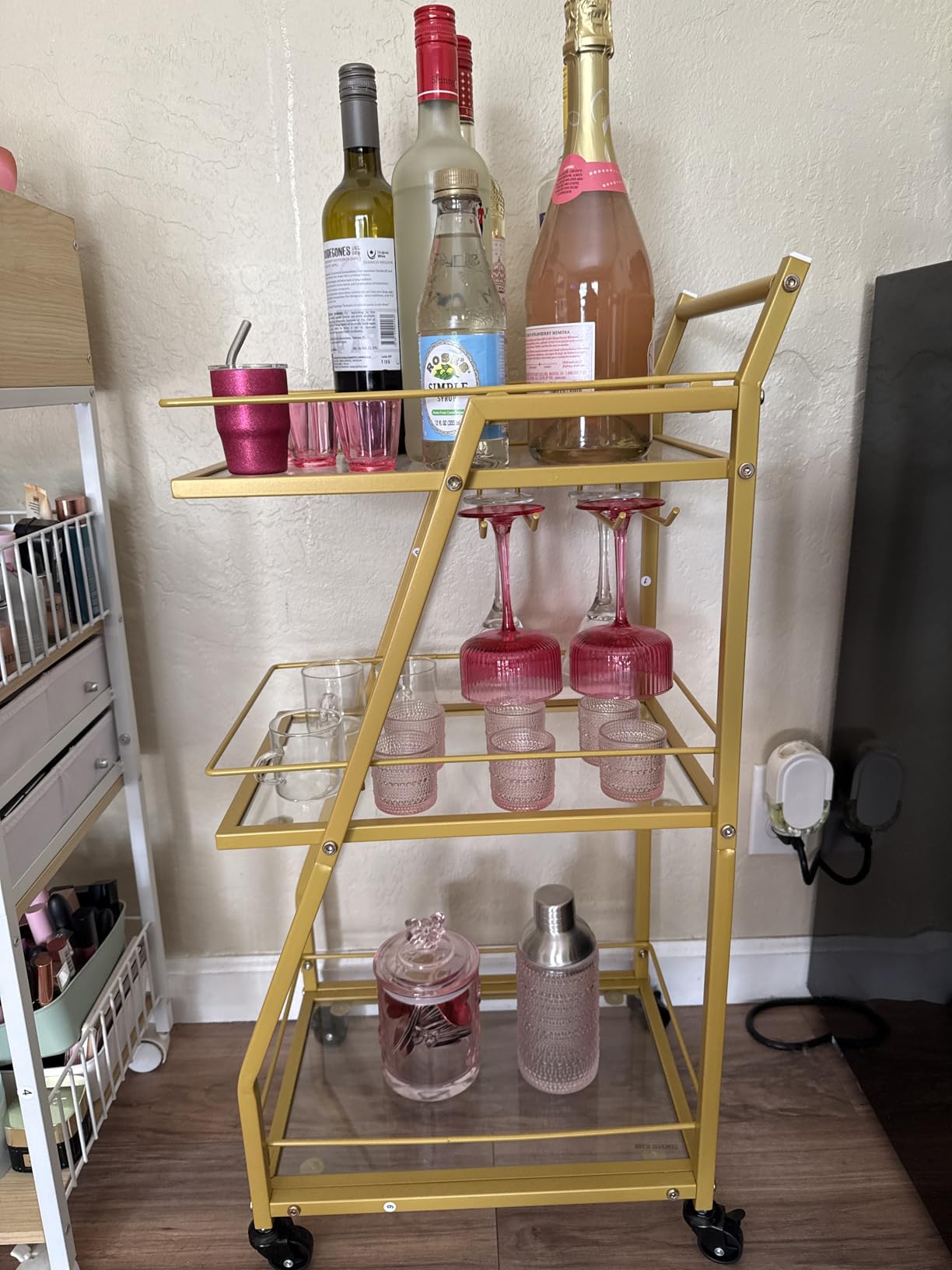 YATINEY Bar Cart, 3-Tier Home Bar Serving Cart with Wheels, Drink Cart with Glass Holder, Beverage Cart, Rolling Kitchen Cart, for Home, Living Room, Rustic Brown and Black BC03BR customer photo 2