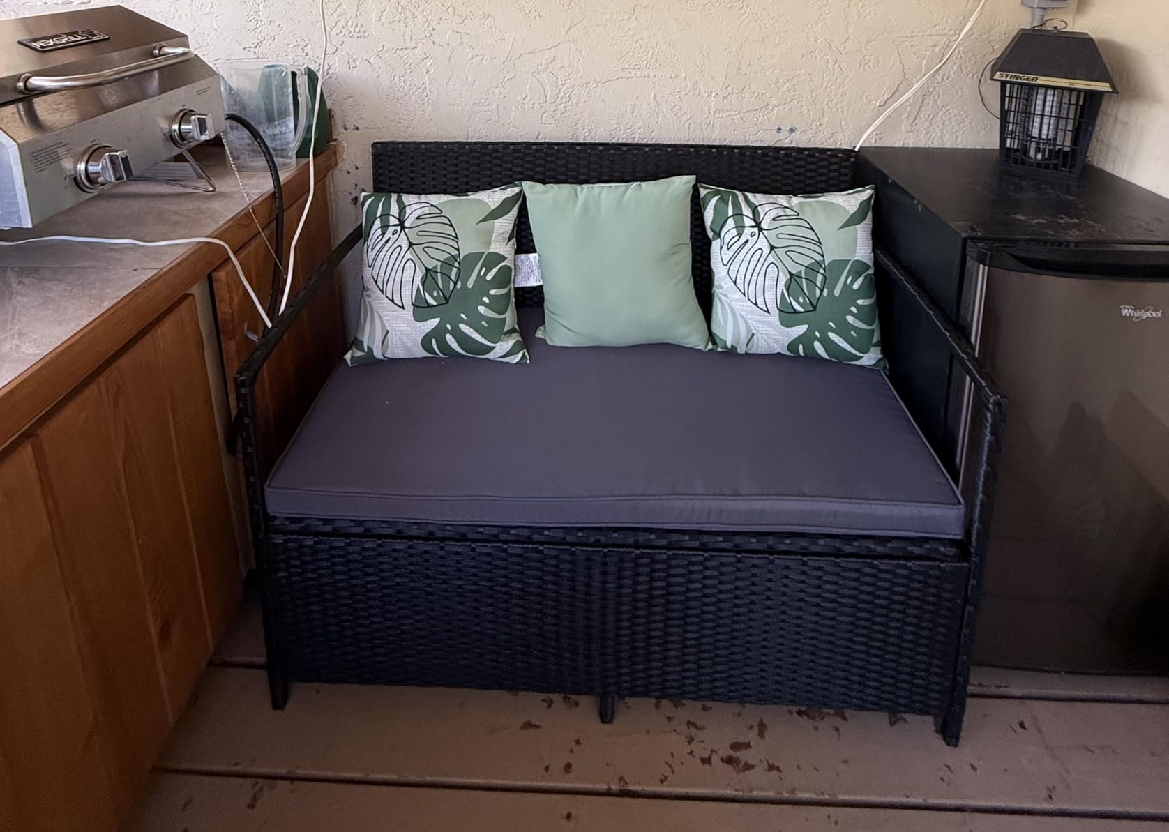 Flamaker Patio Loveseat Wicker Outdoor Furniture Storage Bench, Black customer photo 2