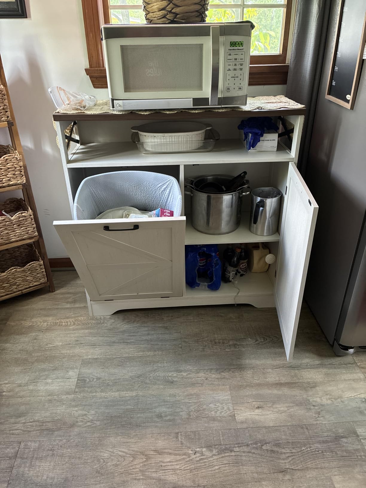 Double Tilt Out Trash Can Cabinet for 13*2 Gallon Garbage Can, Farmhouse Kitchen Garbage Trash Bin for Hidden Laundry Basket, Dual Dog Proof Recycling Cabinet for Bathroom, Living Room, White customer photo 2