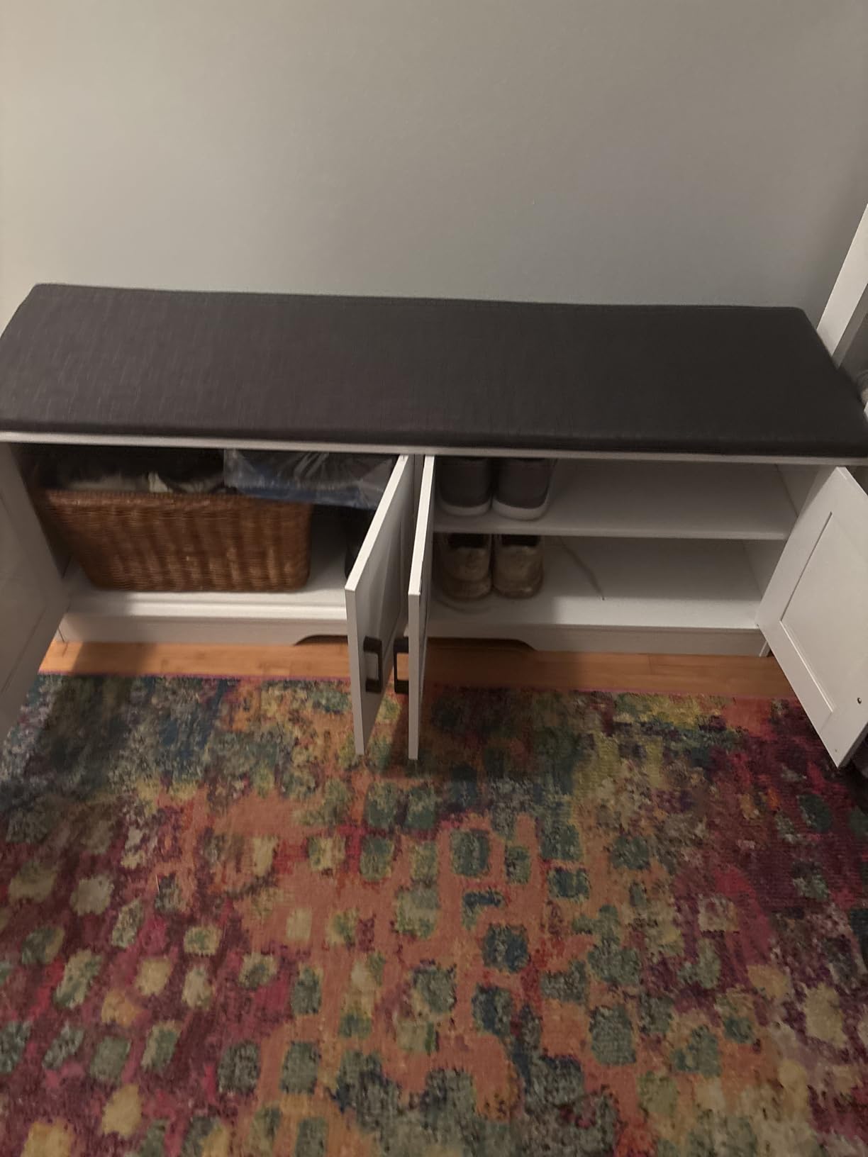 HOMSHO Farmhouse Shoe Storage Bench with 2 Barn Doors & Padded Seat Cushion | 39.4