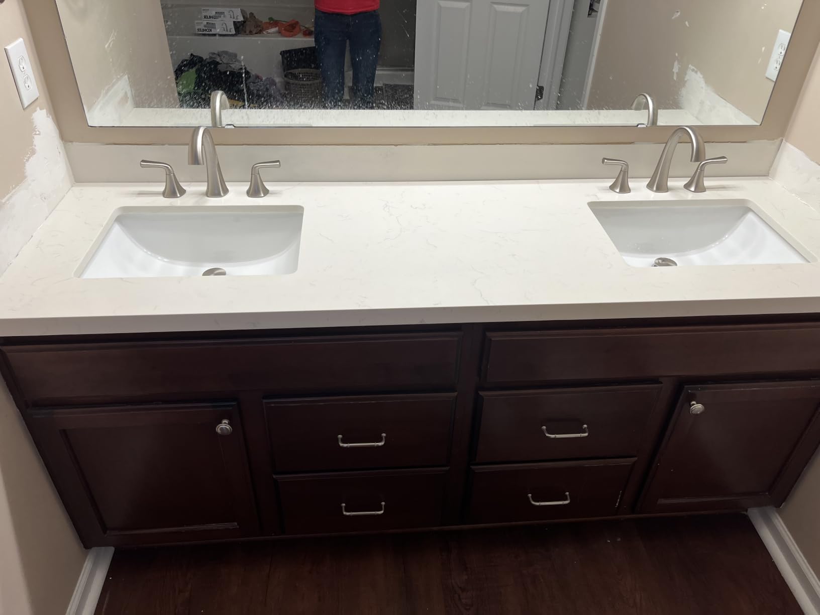 ARIEL 72 inch Double Bathroom Vanity top with Sink, 1.5 Inch Thick Miter Edge Carrara White Quartz top, Rectangle Double Sink Vanity top, Includes Backsplash customer photo 2