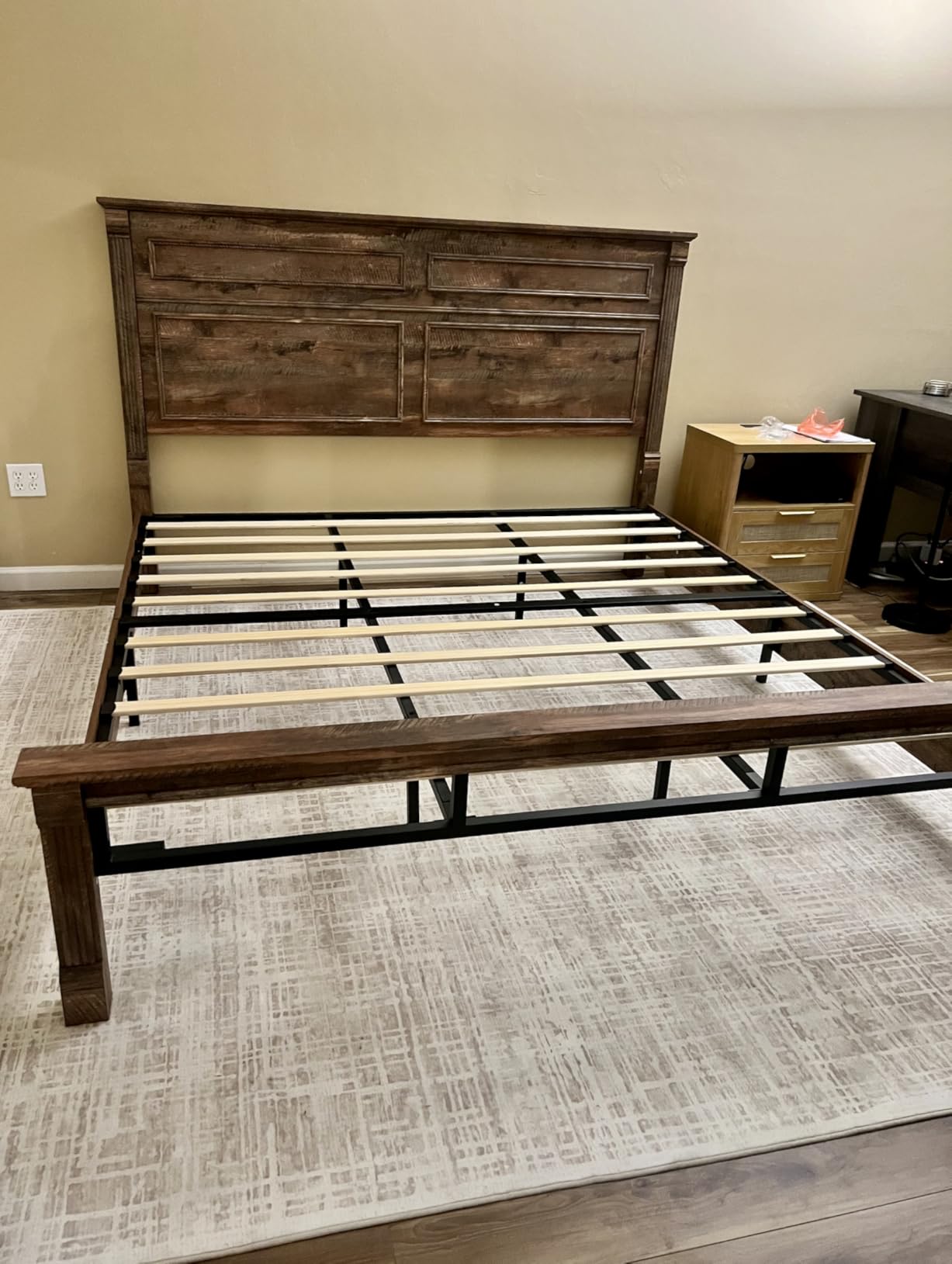Aitjunz Farmhouse King Size Bed Frame w/51 Tall Headboard, Antique White | Wood Platform Bed Frame with 20