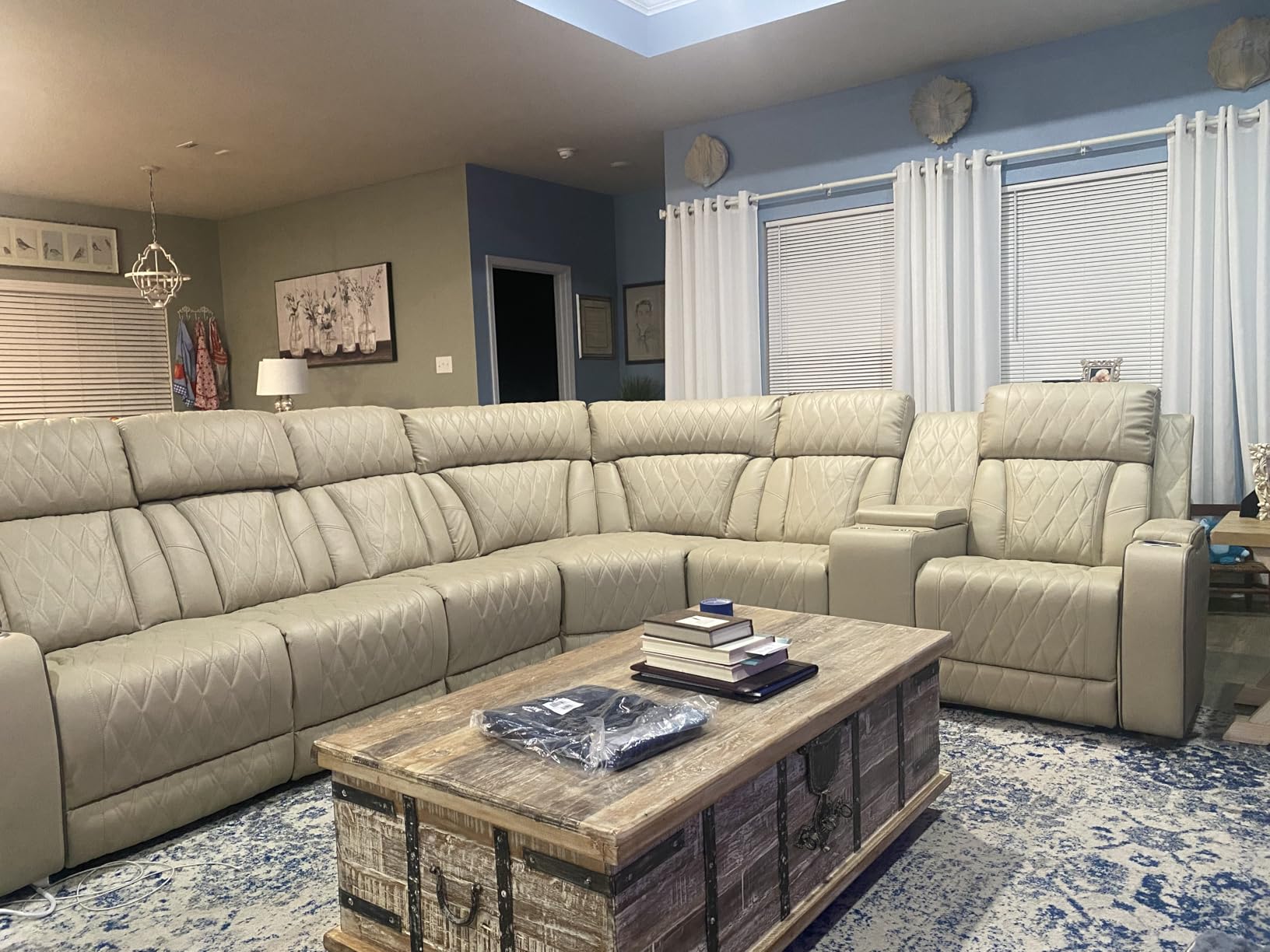 Power Recliner Sofa Sectional Sofa with LED Light for Living Room, Air Leather Reclining Corner Sectional Sofa Set, Cup Holder, Storage Console for Home Theater Seating (Beige, Sectional) customer photo 1