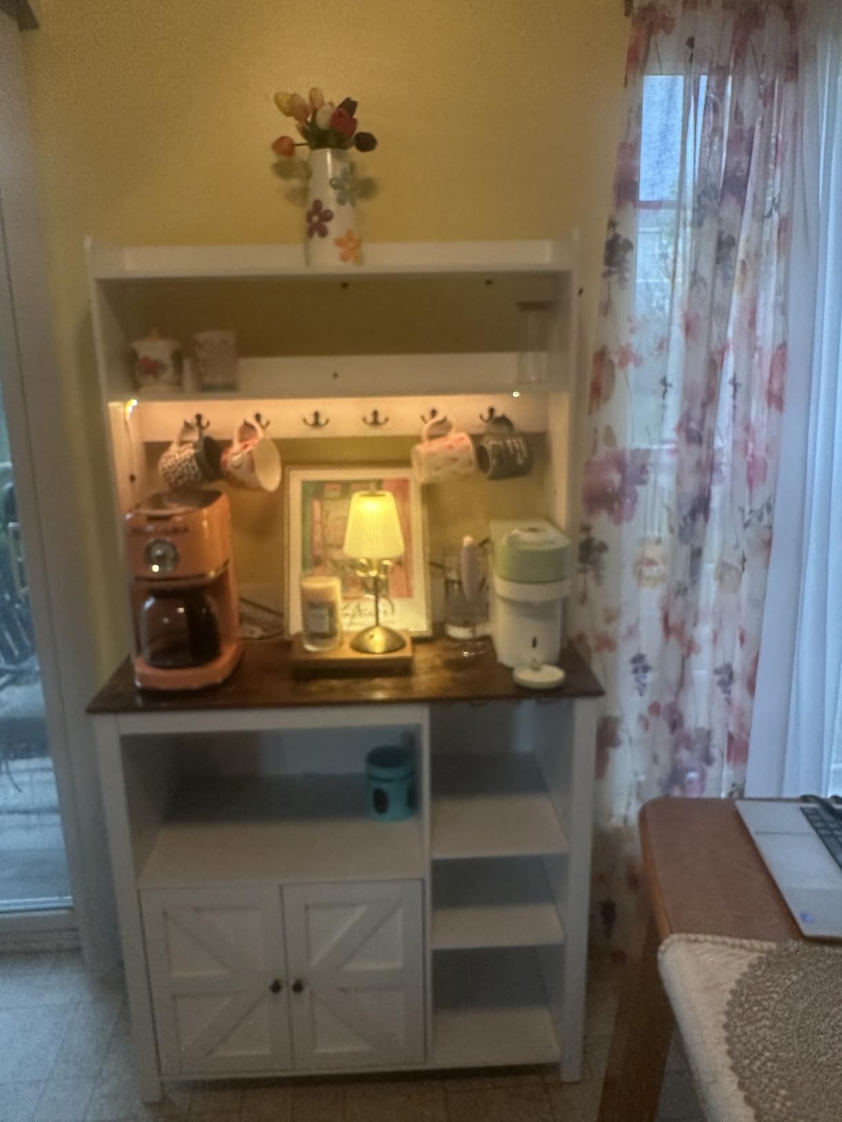 Itaar 35.4 inch Bakers Rack with Power Outlet and Storage, Farmhouse Coffee Bar Cabinet, Microwave Stand Kitchen Cabinet with Hutch, LED Lights, Wine Glass Holder and 8 Hooks，White customer photo 1