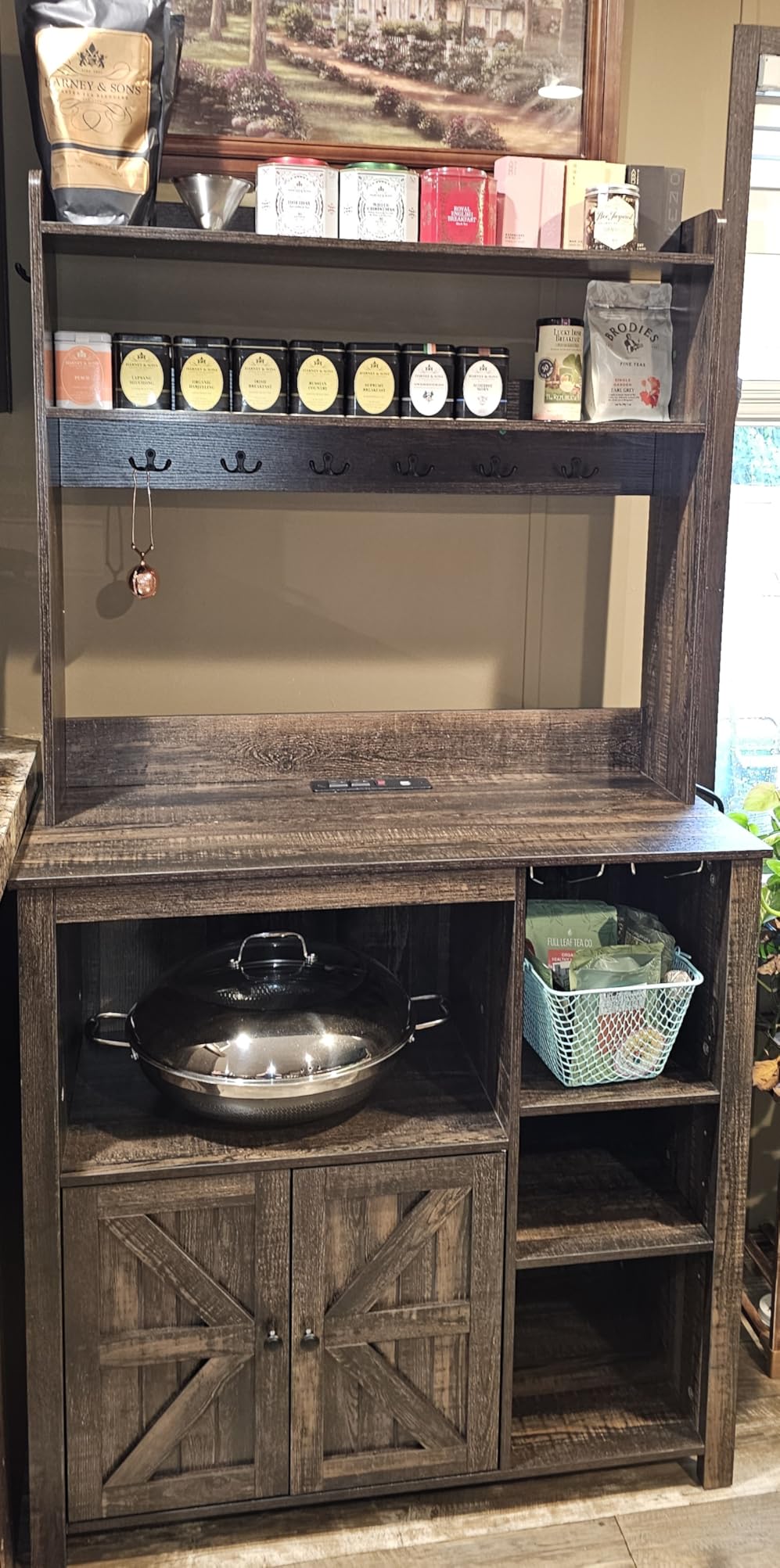 Itaar 35.4 inch Bakers Rack with Power Outlet and Storage, Farmhouse Coffee Bar Cabinet, Microwave Stand Kitchen Cabinet with Hutch, LED Lights, Wine Glass Holder and 8 Hooks，White customer photo 2