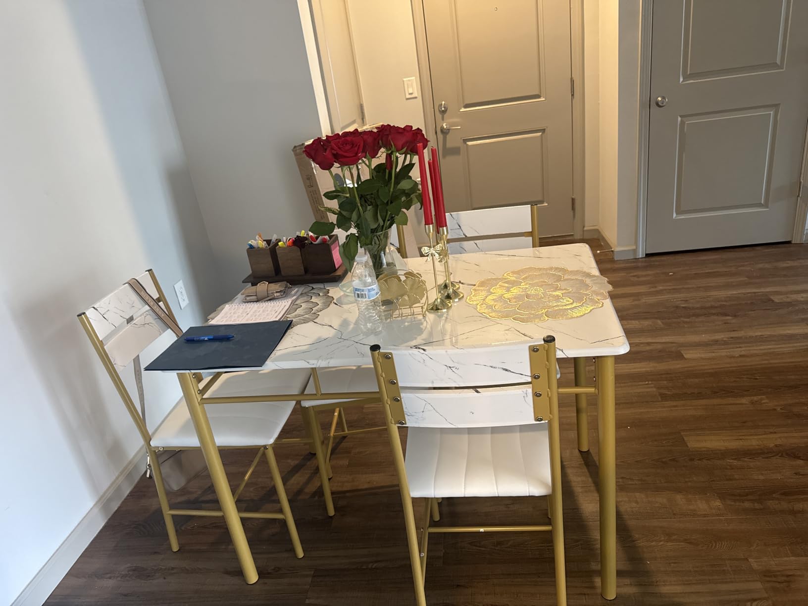 IRONCK Dining Table Set for 4, Rustic Brown | Wood Kitchen Table with Upholstered Chairs for Kitchen Room and Small Spaces customer photo 1