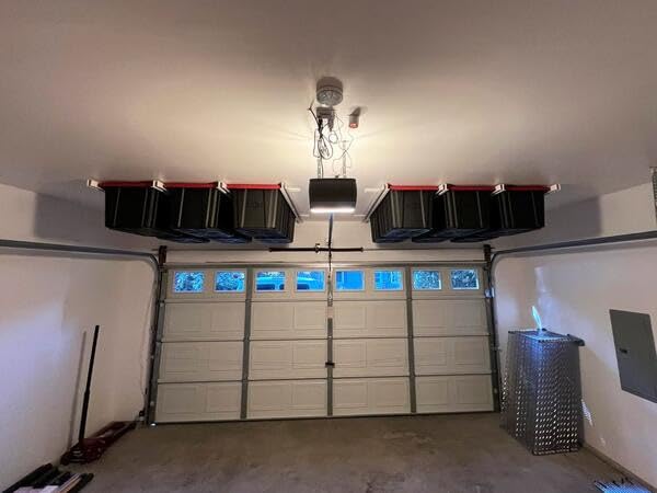 Overhead Garage Storage Rack Extra Large-Organizes Up to 15 Tote Bins 0.1-inch Thickened Heavy Alloy Steel Garage Tote Storage System with Adjustable Rails-Ceiling Storage Rack customer photo 2