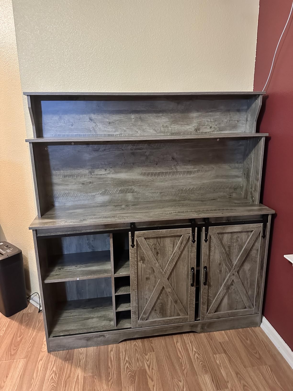 BestHaped 55'' Farmhouse Coffee Bar Cabinet with 3 Tier Storage Hutch, Coffee Bar Station with Sliding Barn Door, Hutch Storage Cabinet with 12 Wine Racks & 9 Hooks for Kitchen Dining Living Room customer photo 1