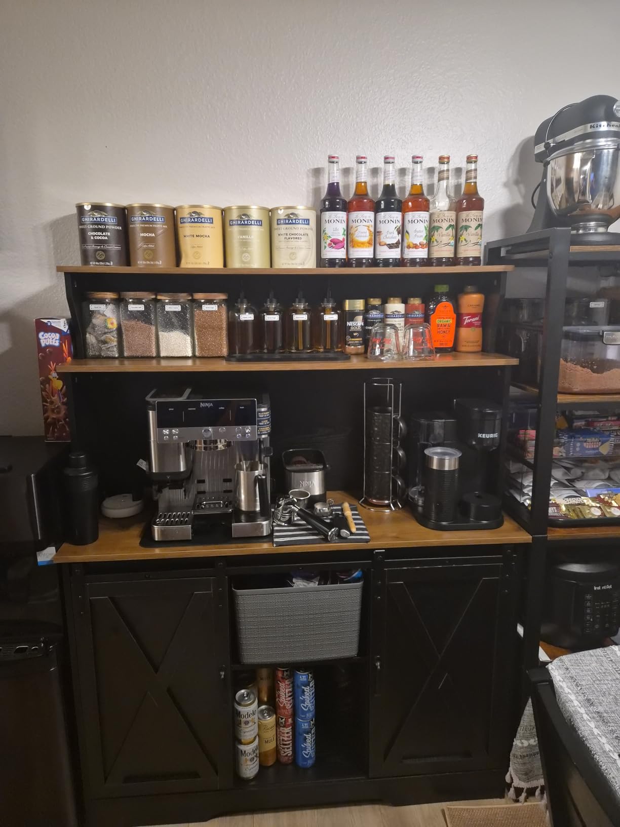 BestHaped 55'' Farmhouse Coffee Bar Cabinet with 3 Tier Storage Hutch, Coffee Bar Station with Sliding Barn Door, Hutch Storage Cabinet with 12 Wine Racks & 9 Hooks for Kitchen Dining Living Room customer photo 2