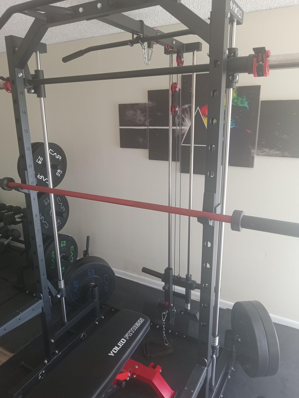 Mikolo Smith Machine Home Gym Power Cage (1:1 Ratio Strength Trainer) (Space Saving Design) (with 8 Free Attachments) Squat Rack for Full Body Training customer photo 2