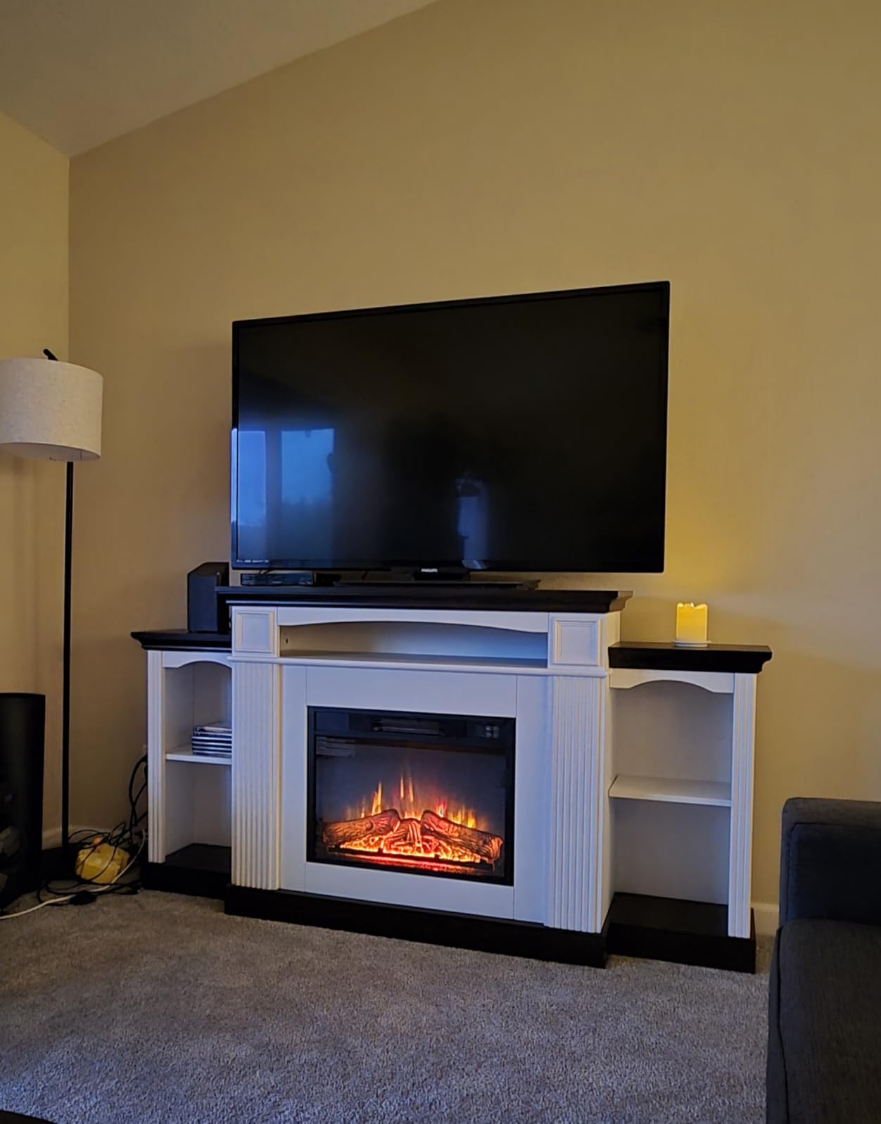 OKYCI Corner Electric Fireplace with Mantel, TV Stand with Storage & Bookshelves, Entertainment Center with Fireplace for Living Room, Modern Wave Design, White customer photo 2