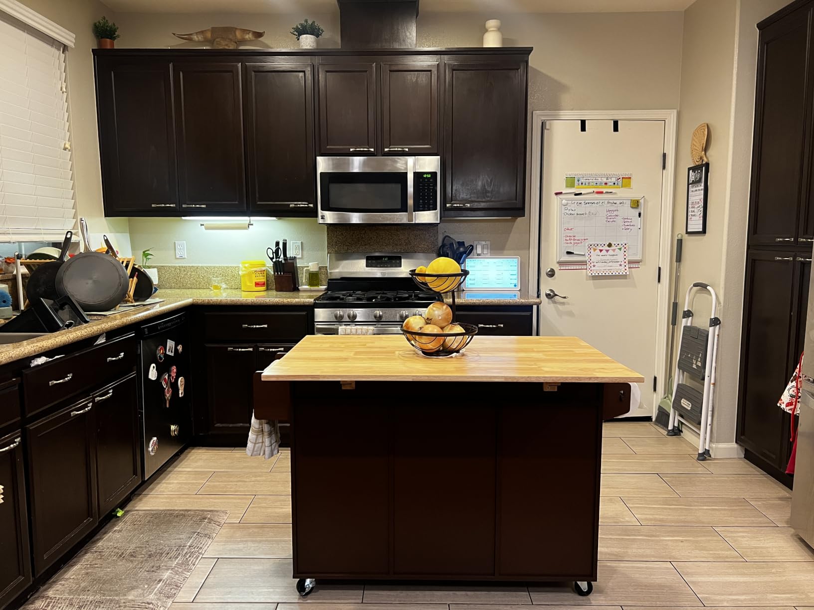 HLR Farmhouse Kitchen Island On Wheels, Brown | Rolling Island Cart with Drop Leaf Countertop, Barn Door Island Table with Storage Cabinet and Tower Rack, Brown customer photo 1