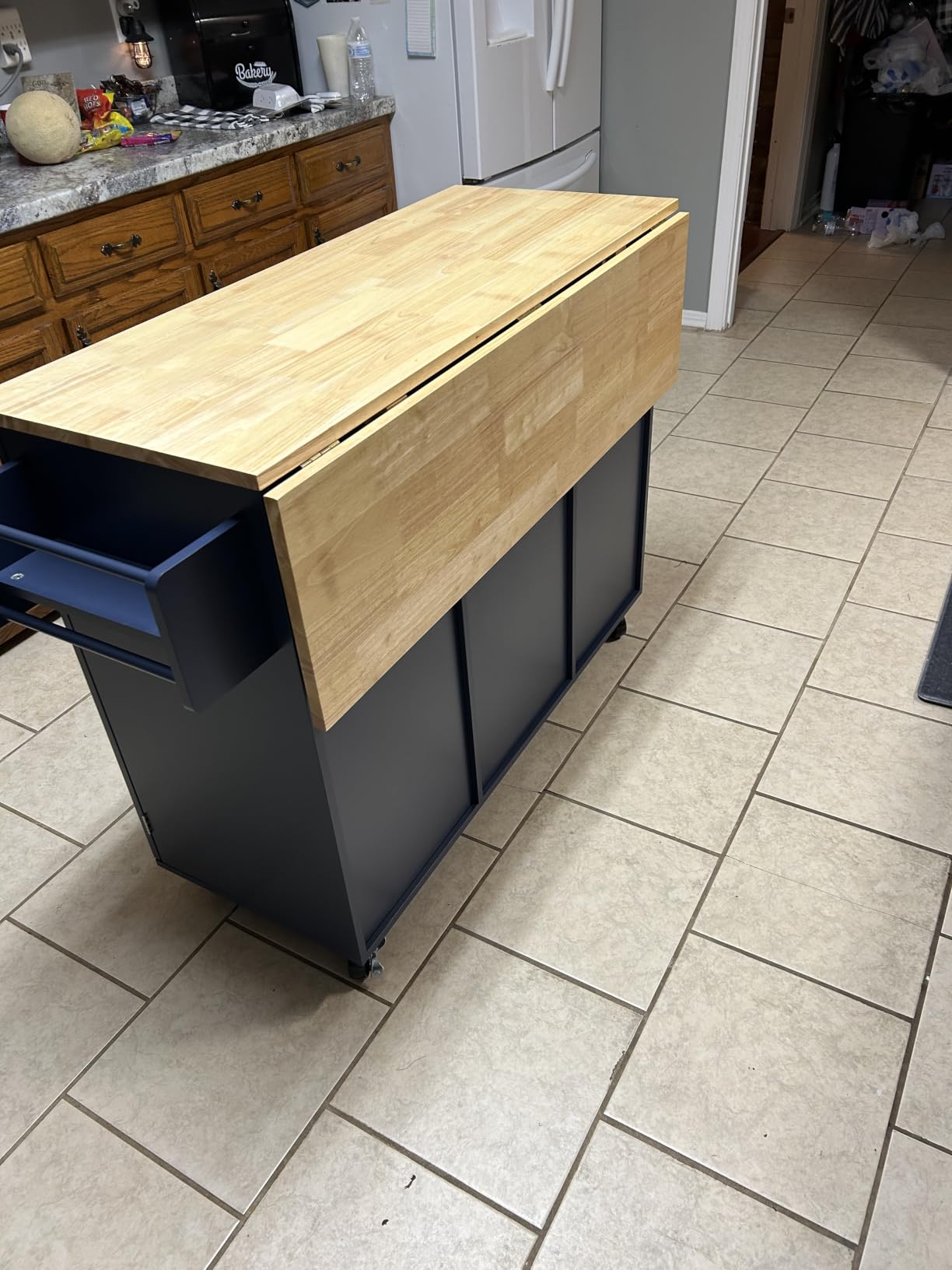 HLR Farmhouse Kitchen Island On Wheels, Brown | Rolling Island Cart with Drop Leaf Countertop, Barn Door Island Table with Storage Cabinet and Tower Rack, Brown customer photo 2