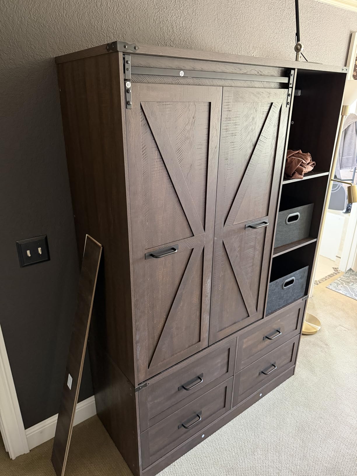 Farmhouse 4 Doors Armoire Wardrobe Closet w/Folding Sliding Barn Door and Lights, LED Armoire Closet w/Drawers for Bedroom, Freestanding Wooden Wardrobe Storage Closets w/Hanging Rod, Antique White customer photo 1