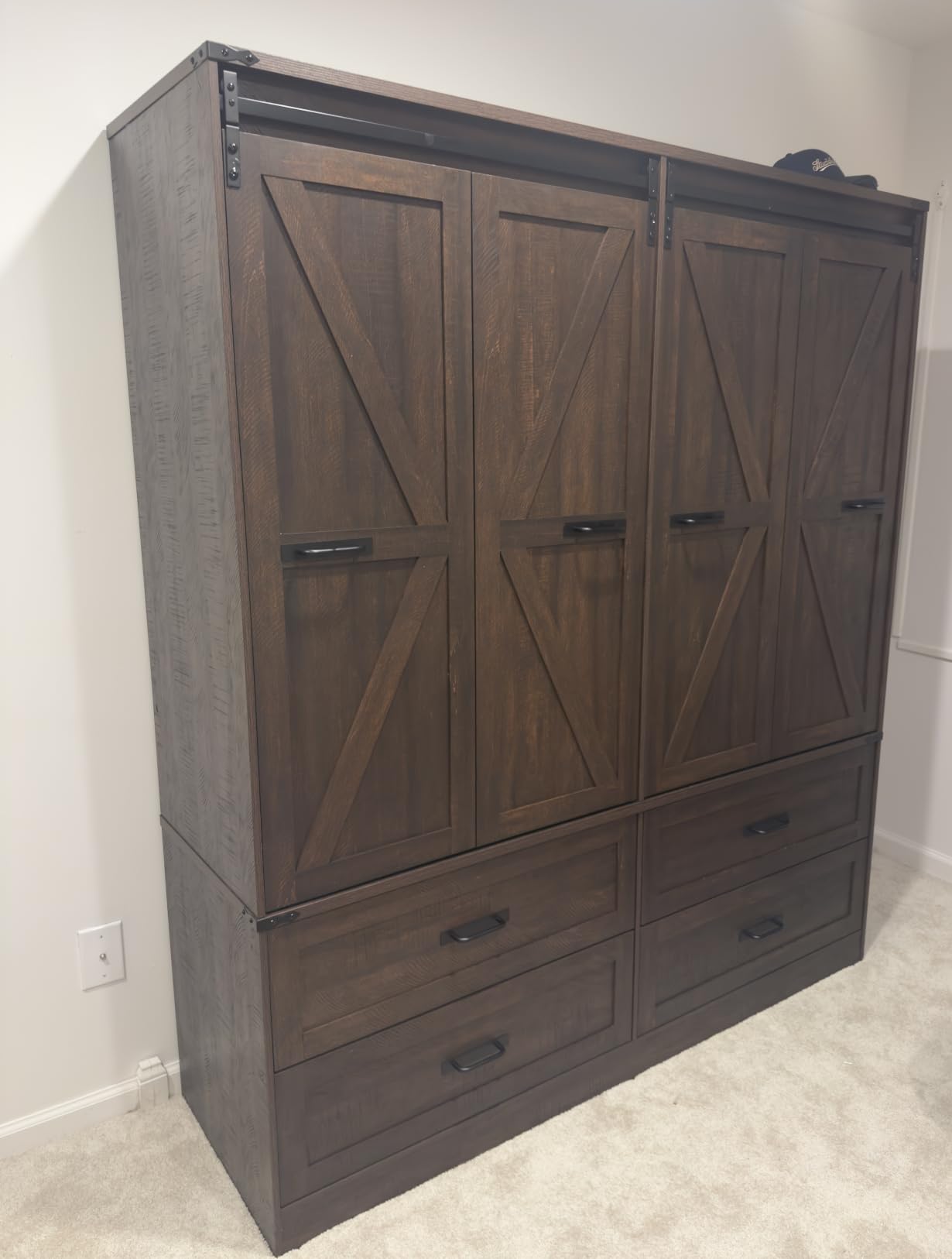Farmhouse 4 Doors Armoire Wardrobe Closet w/Folding Sliding Barn Door and Lights, LED Armoire Closet w/Drawers for Bedroom, Freestanding Wooden Wardrobe Storage Closets w/Hanging Rod, Antique White customer photo 2